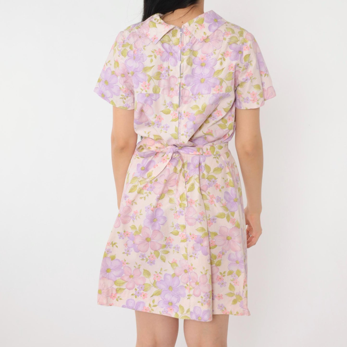 60s Floral Shift Mini Dress Pink Purple Short Sleeve Belted Medium M