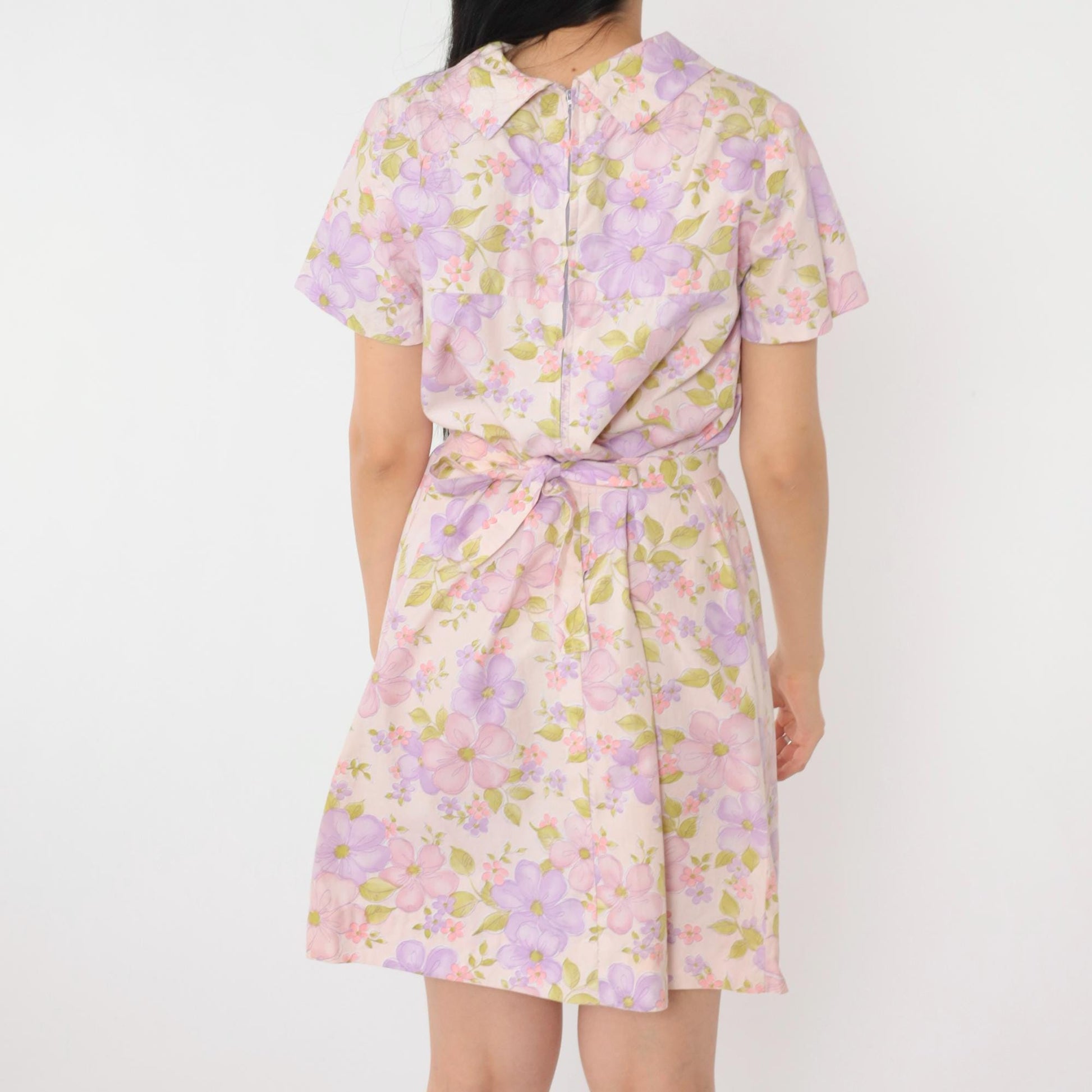 60s Floral Shift Mini Dress Pink Purple Short Sleeve Belted Medium M