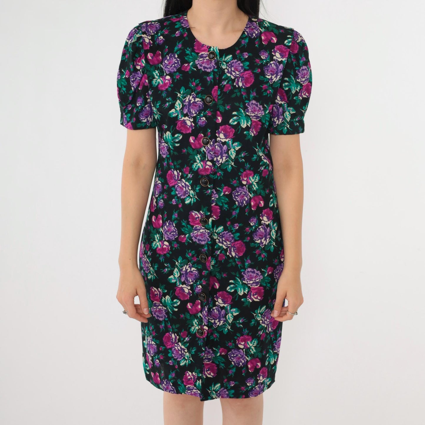 80s Floral Sheath Dress Puff Sleeve Black Purple Rose Mini Button Up Small