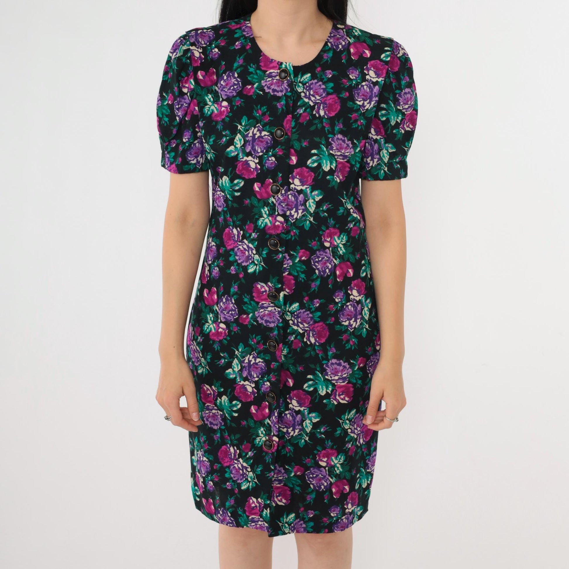 80s Floral Sheath Dress Puff Sleeve Black Purple Rose Mini Button Up Small