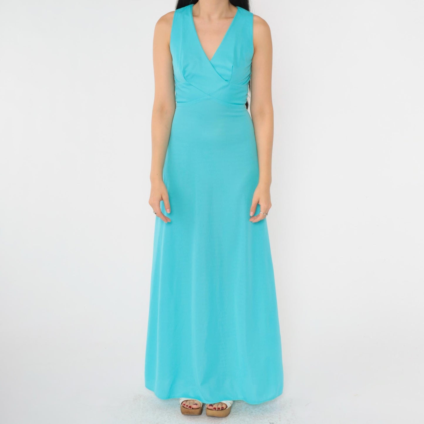 70s Turquoise Maxi Dress V Neck High Waist Sleeveless Gown Extra Small