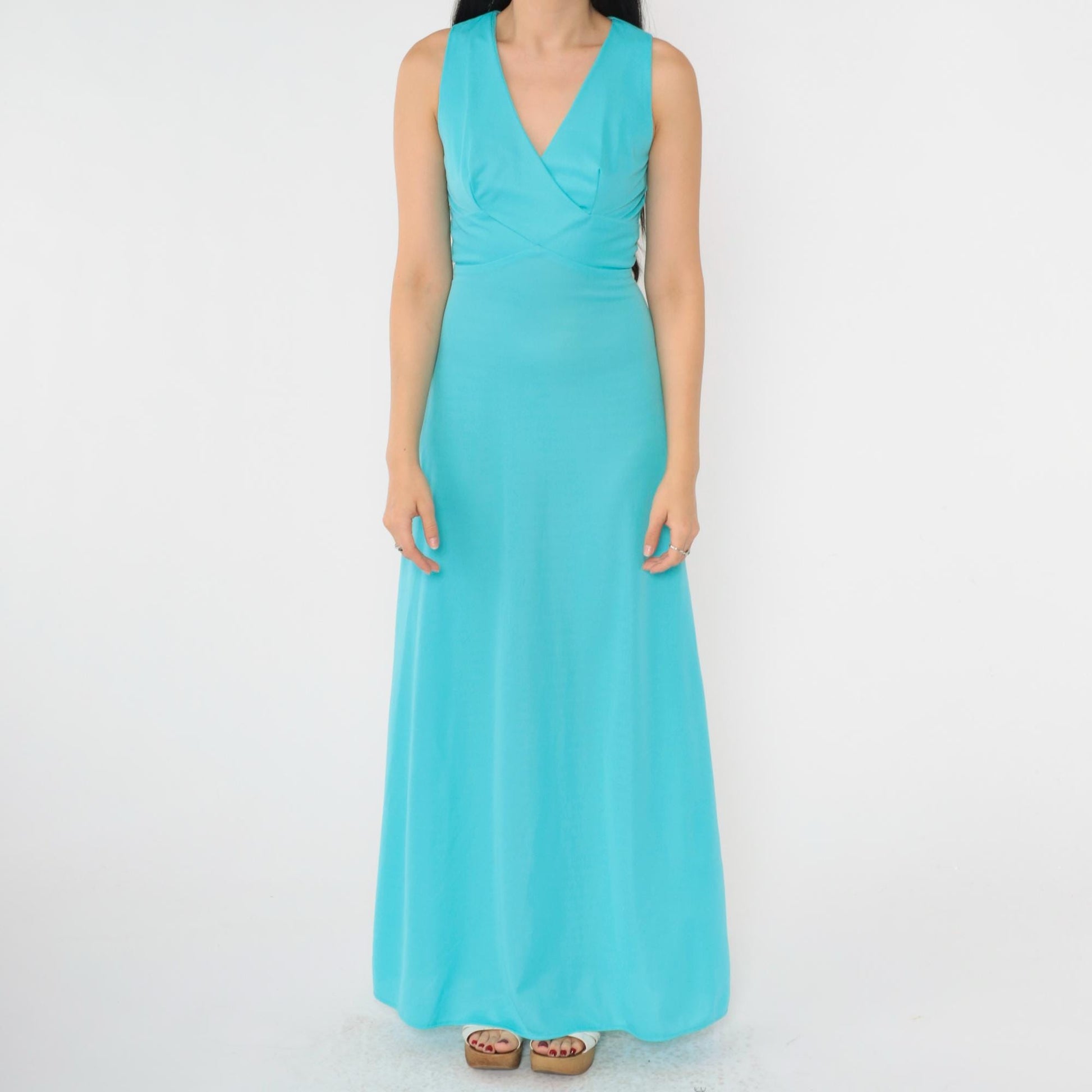 70s Turquoise Maxi Dress V Neck High Waist Sleeveless Gown Extra Small