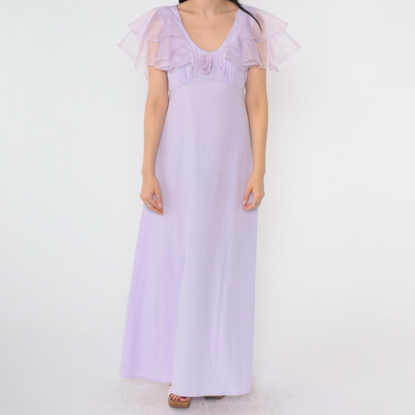 70s Lavender Organza Maxi Dress Flutter Sleeve Empire Waist Open Back Small