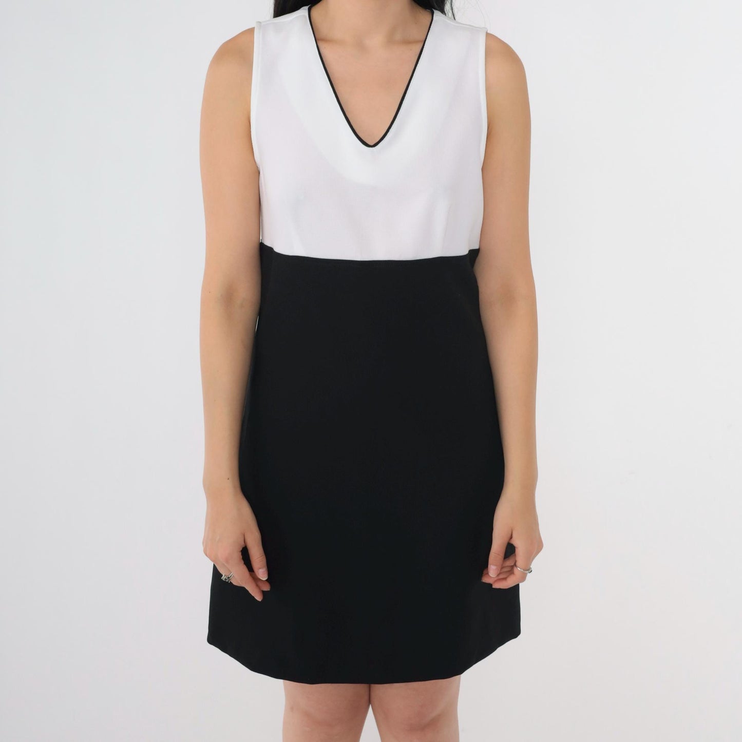 90s A. Byer California Black White Mini Dress Empire Waist V Neck Small S