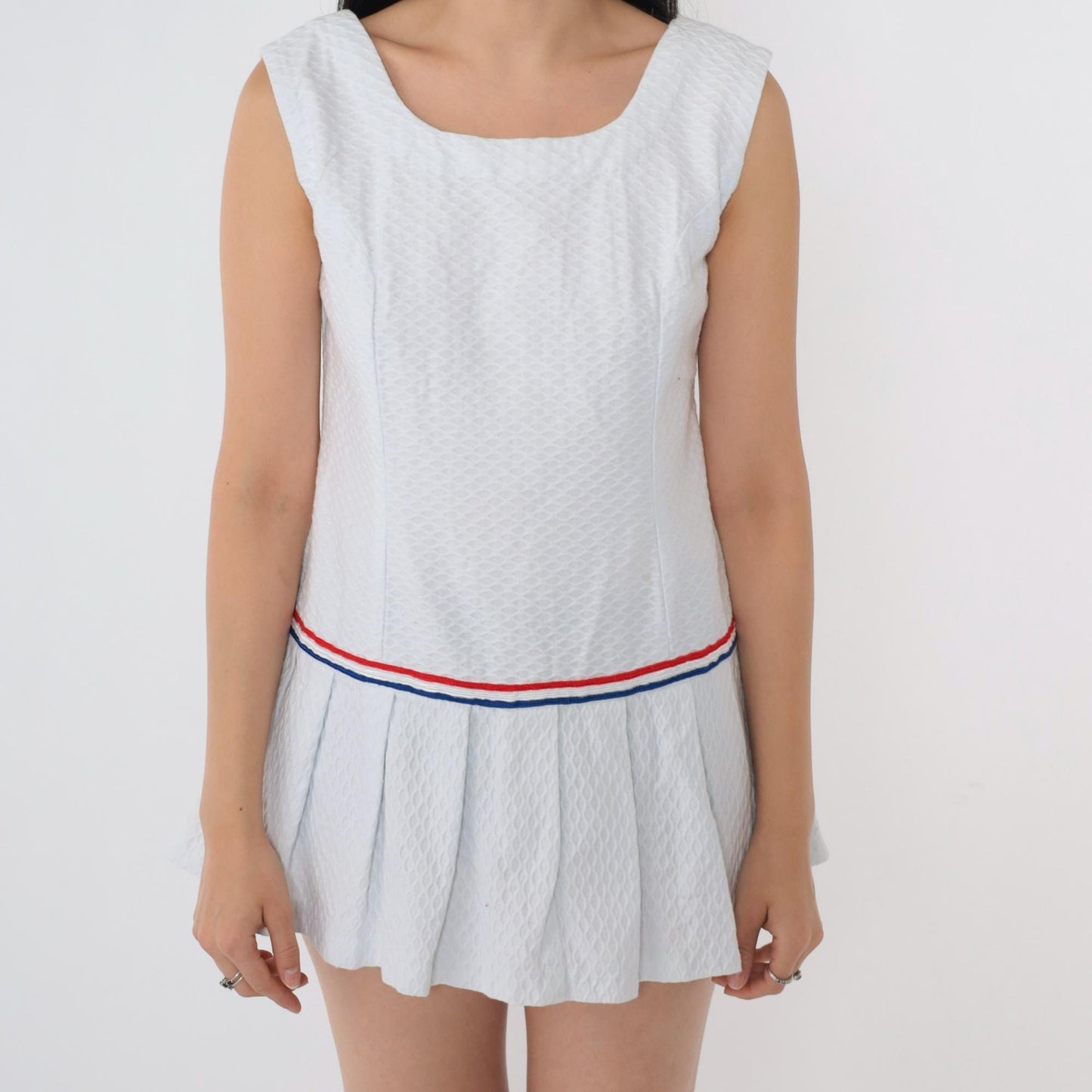 60s Mod Scooter Dress White Drop Waist Pleated Mini Sleeveless Small