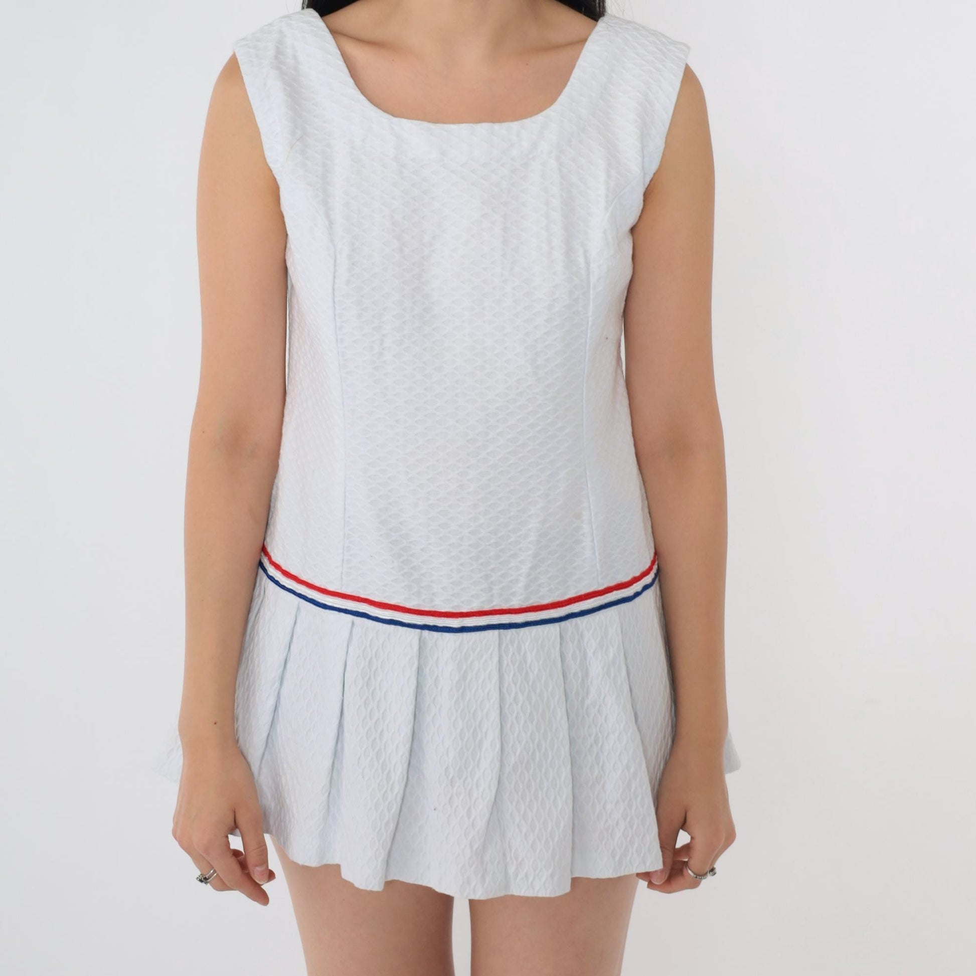 60s Mod Scooter Dress White Drop Waist Pleated Mini Sleeveless Small