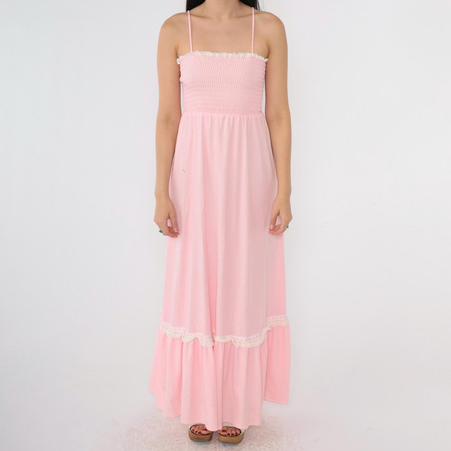 70s Baby Pink Maxi Sundress Smocked High Waist Spaghetti Strap Extra Small