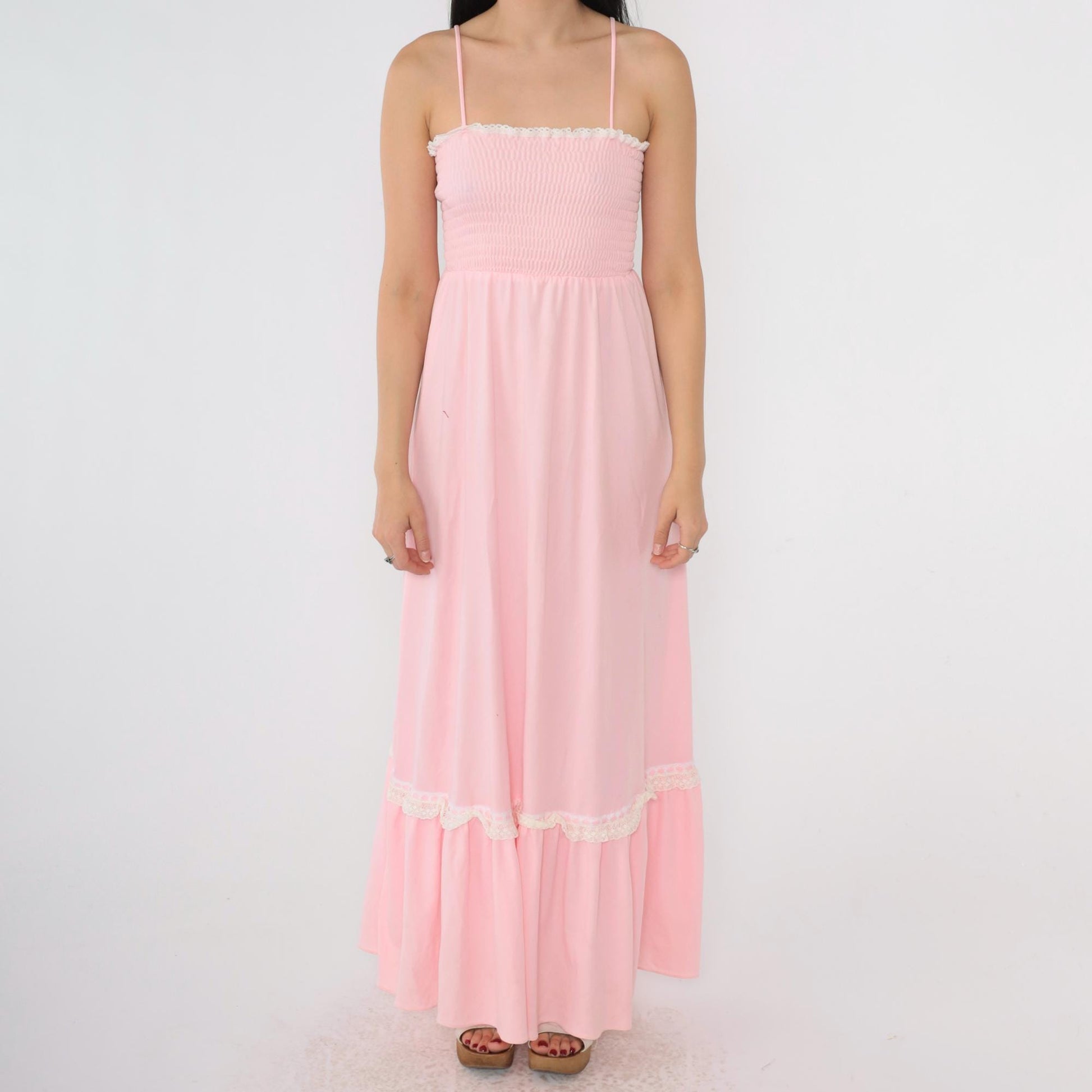 70s Baby Pink Maxi Sundress Smocked High Waist Spaghetti Strap Extra Small