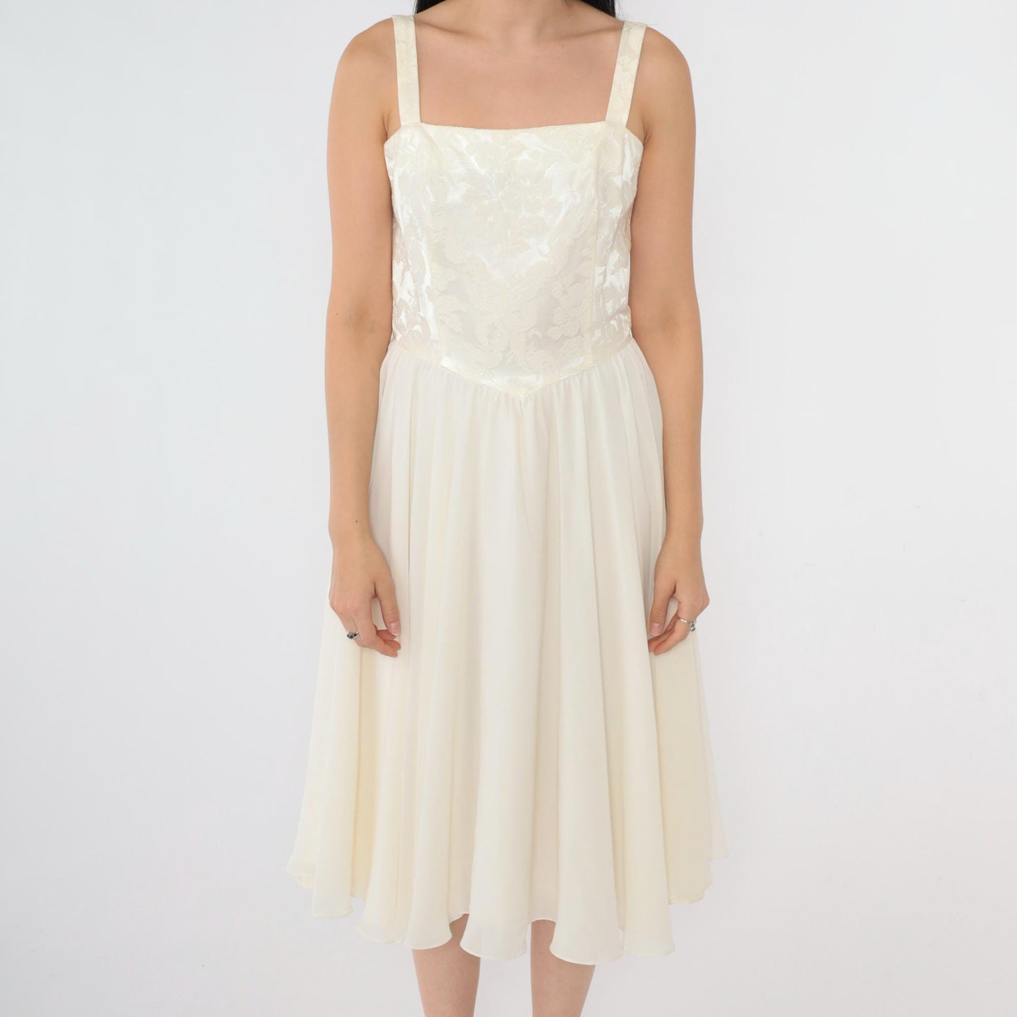 80s Ivory Jacquard Midi Dress Sleeveless Square Neck Basque Waist Small