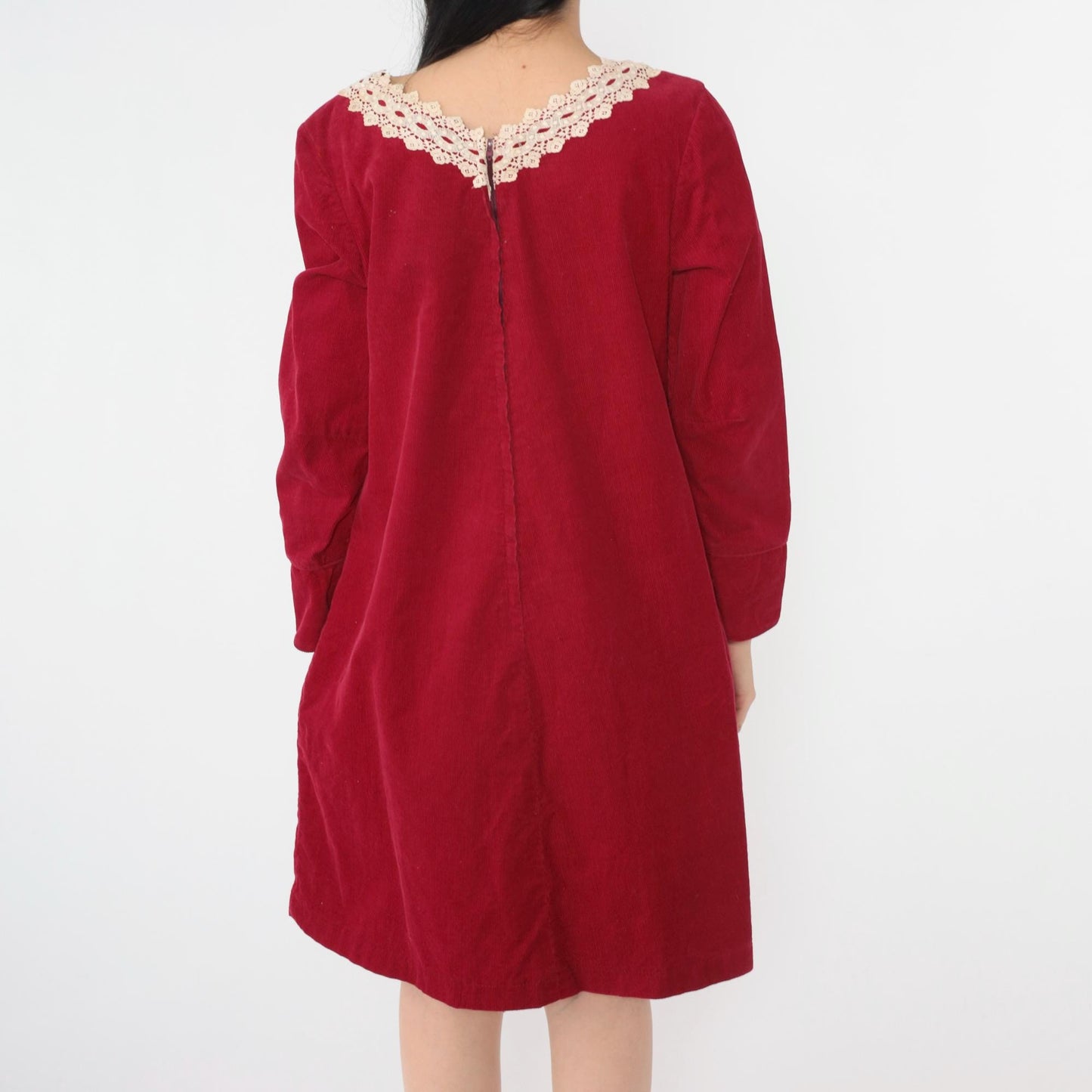 60s Carol of Mary Red Corduroy Shift Dress Cream Lace Trim V-Neck Mini Medium M