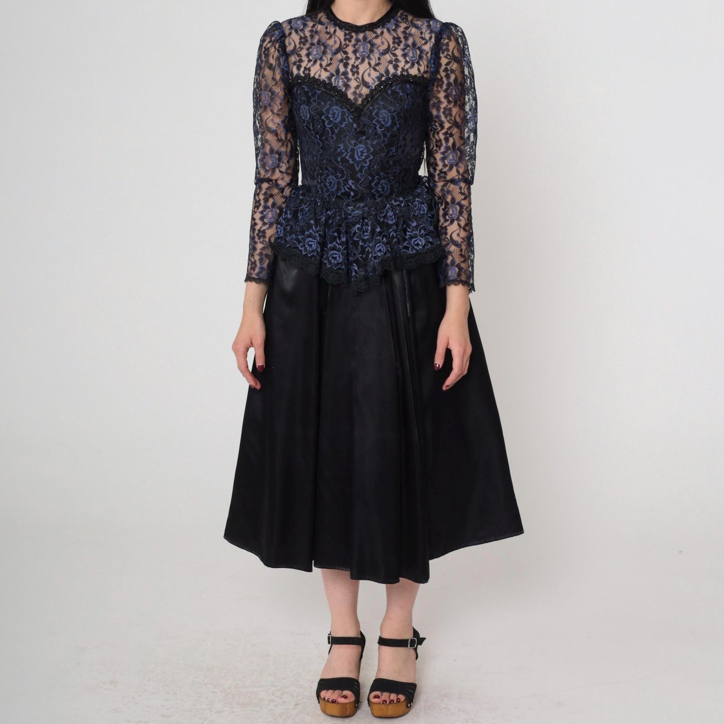 80s Gunne Sax Black Lace Midi Dress Sweetheart Neckline Peplum Extra Small