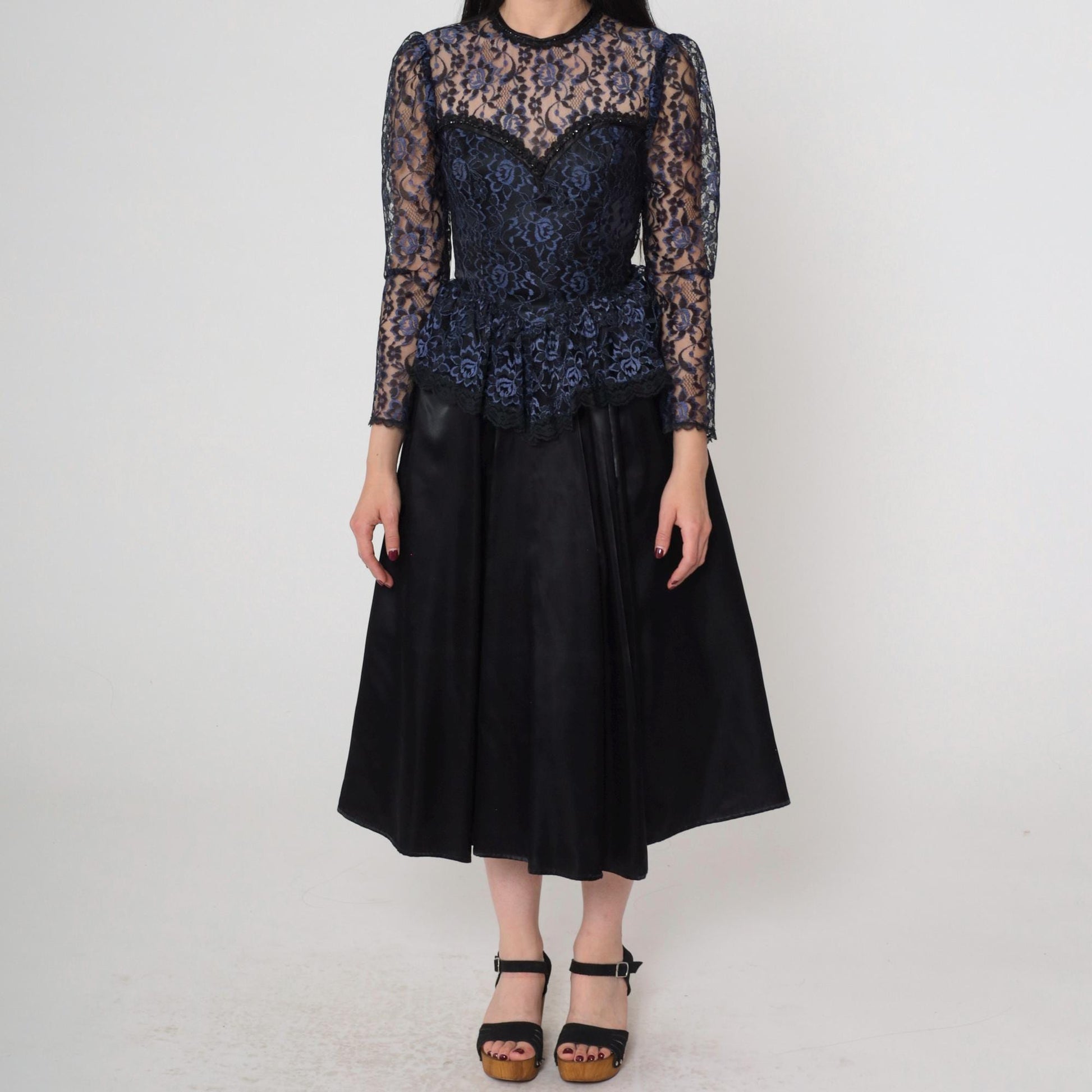 80s Gunne Sax Black Lace Midi Dress Sweetheart Neckline Peplum Extra Small