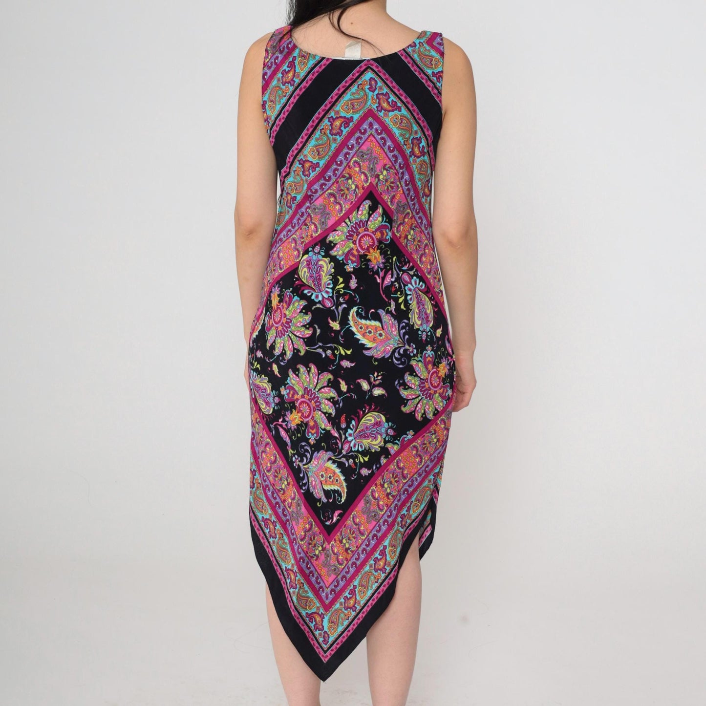 90s Ronni Nicole Black Paisley Floral Midi Dress Handkerchief Hem Small Petite