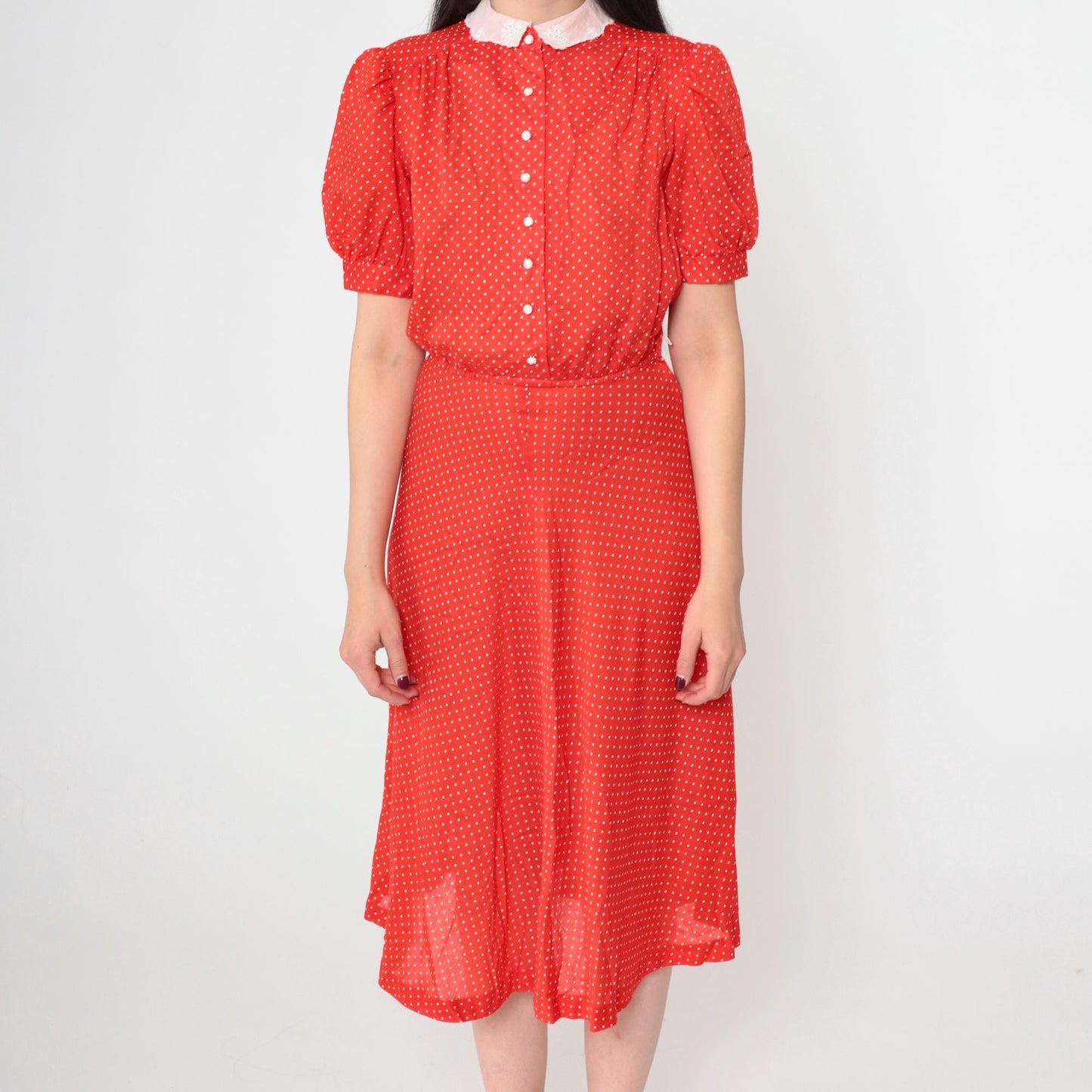 80s Red Polka Dot Midi Dress Peter Pan Collar Puff Sleeve High Waist Extra Small