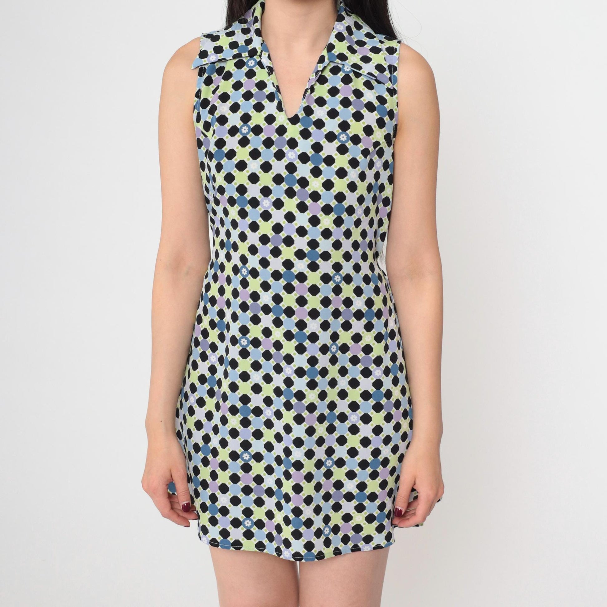 90s Geometric Polka Dot Mini Dress Sleeveless Collared Tie-Back Small S