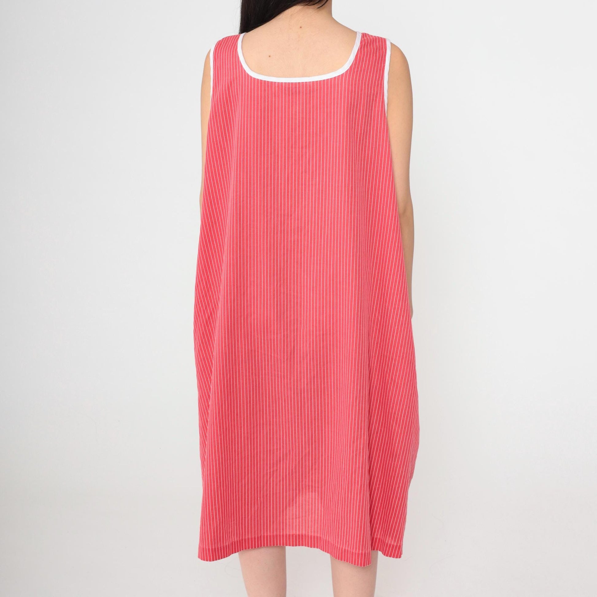 80s Red Striped Midi Dress Floral Embroidered Pockets Sleeveless Scoop Neck Large