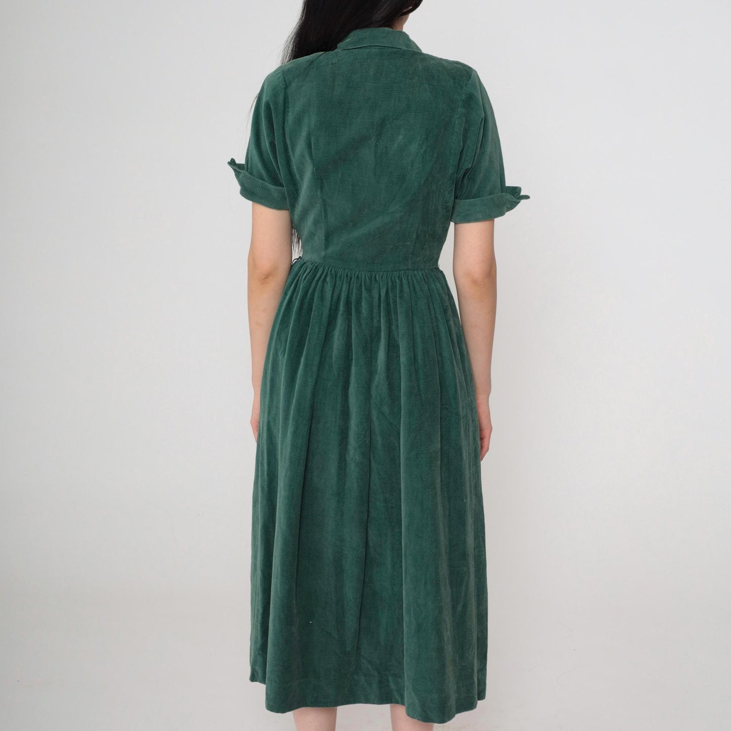 1940s Green Corduroy Button-Up Dress Collared Short Sleeve Gathered Waist Midi Extra Small