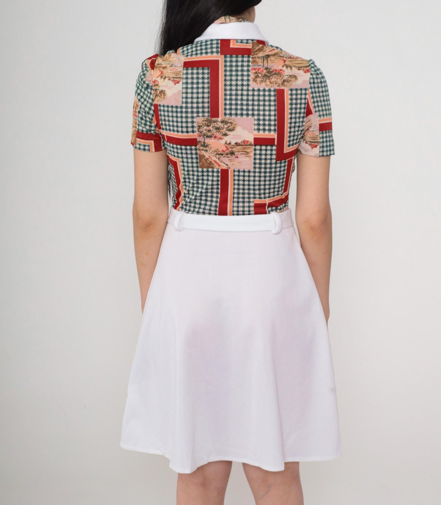1960s Mod Shirt Dress Pastoral Landscape Print Green Houndstooth Mini XS