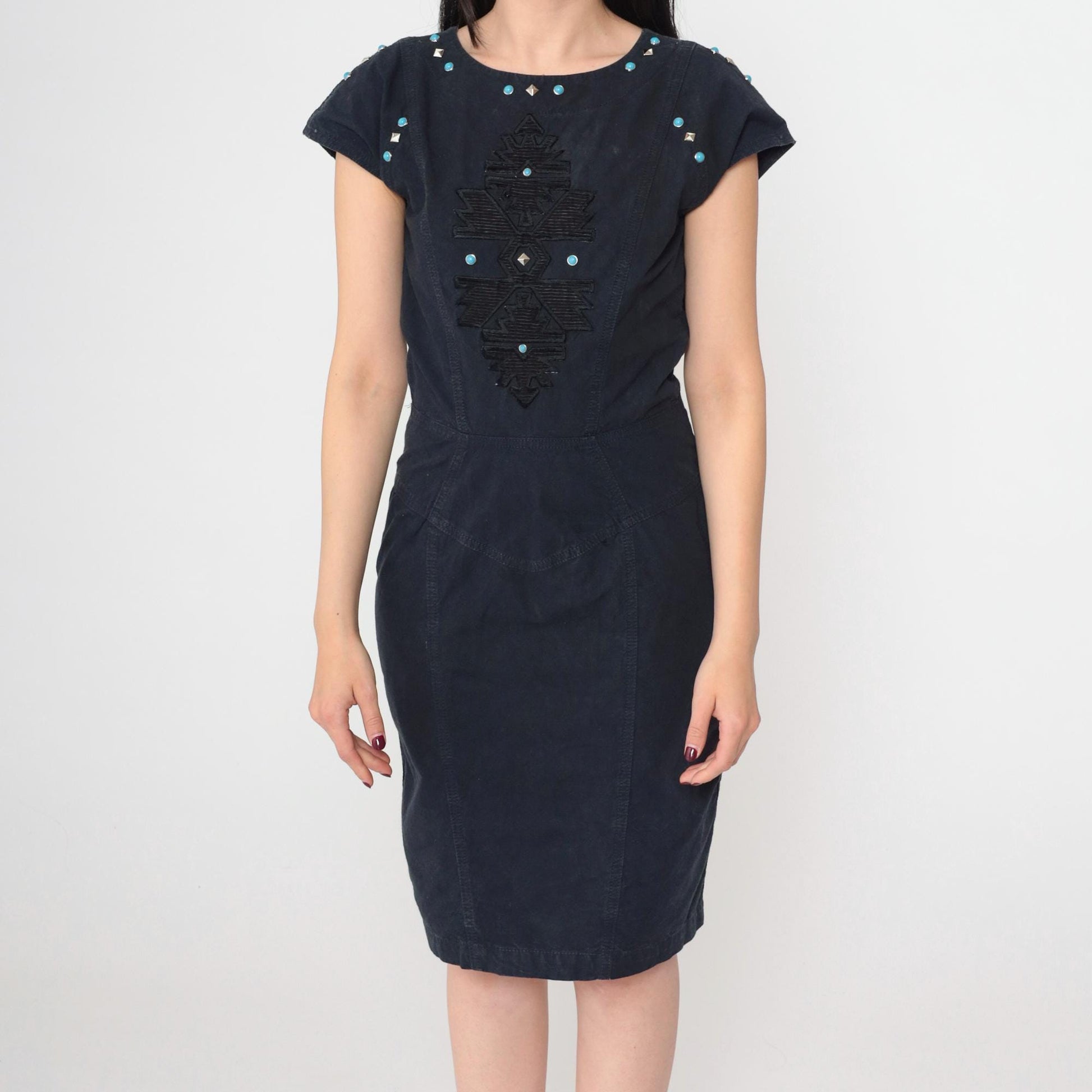 90s Black Southwestern Embroidered Dress Turquoise Studs Cap Sleeve V Back Small