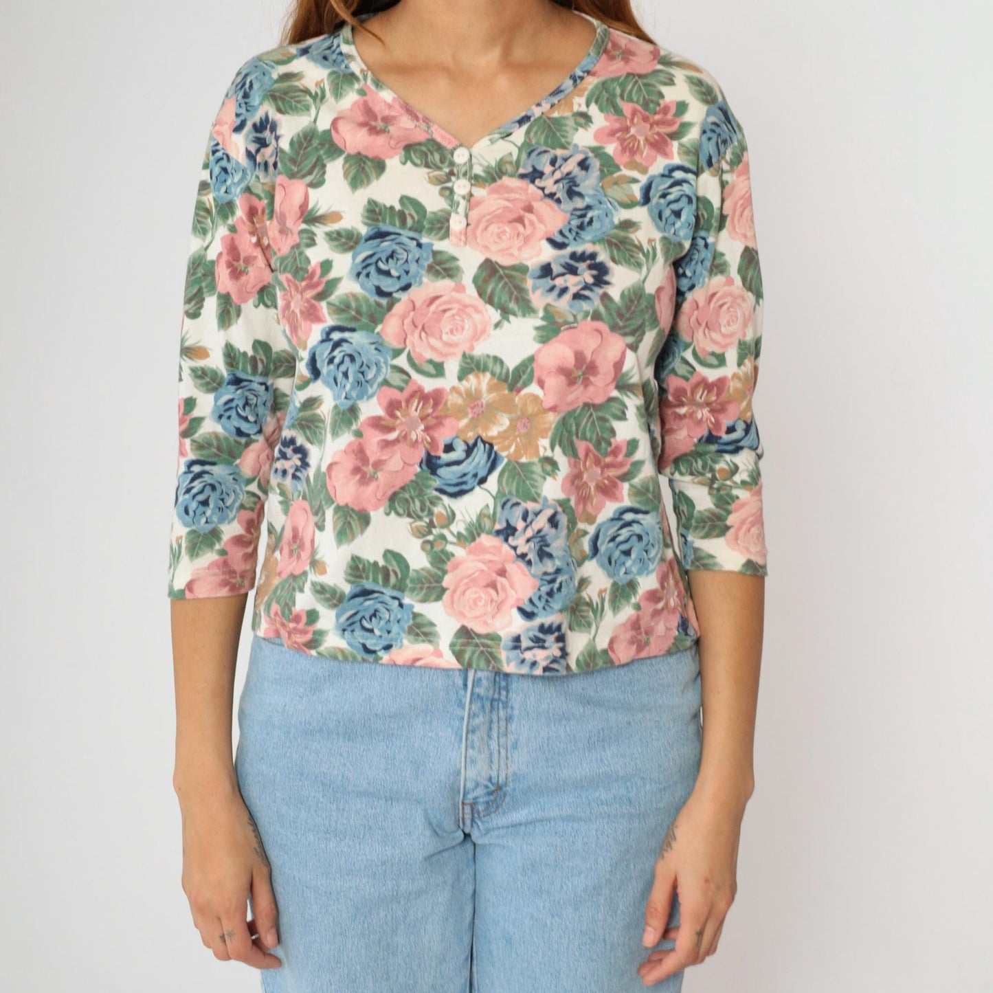 90s Floral Henley Shirt Pastel Print 3/4 Sleeve Button Up Cotton Medium M