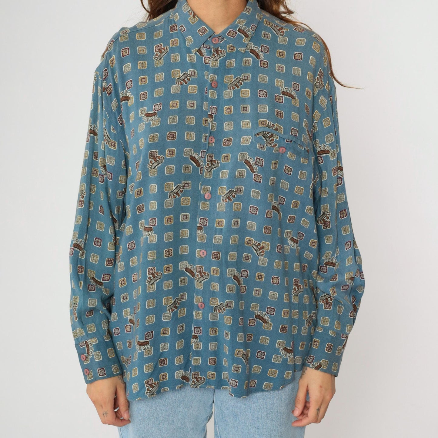 90s Forenza Blue Geometric Crown Print Button Up Shirt Large L
