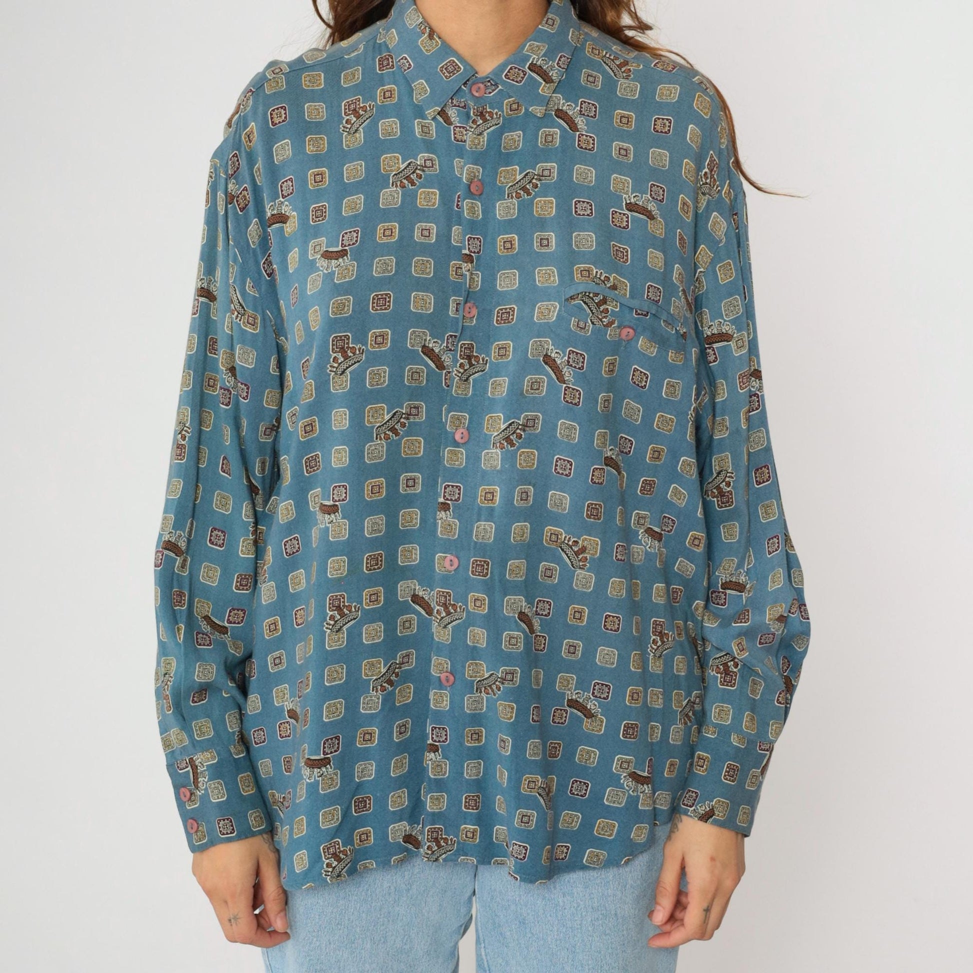 90s Forenza Blue Geometric Crown Print Button Up Shirt Large L