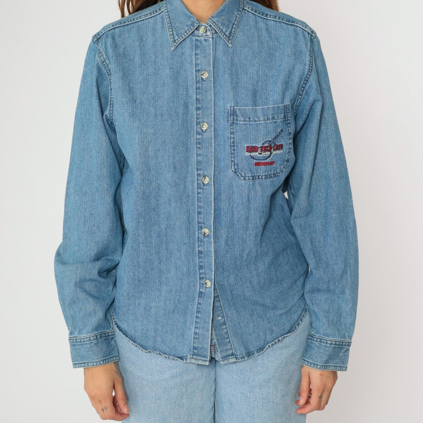 00s Hard Rock Cafe Memphis Denim Button-Up Shirt Blue Embroidered Medium M