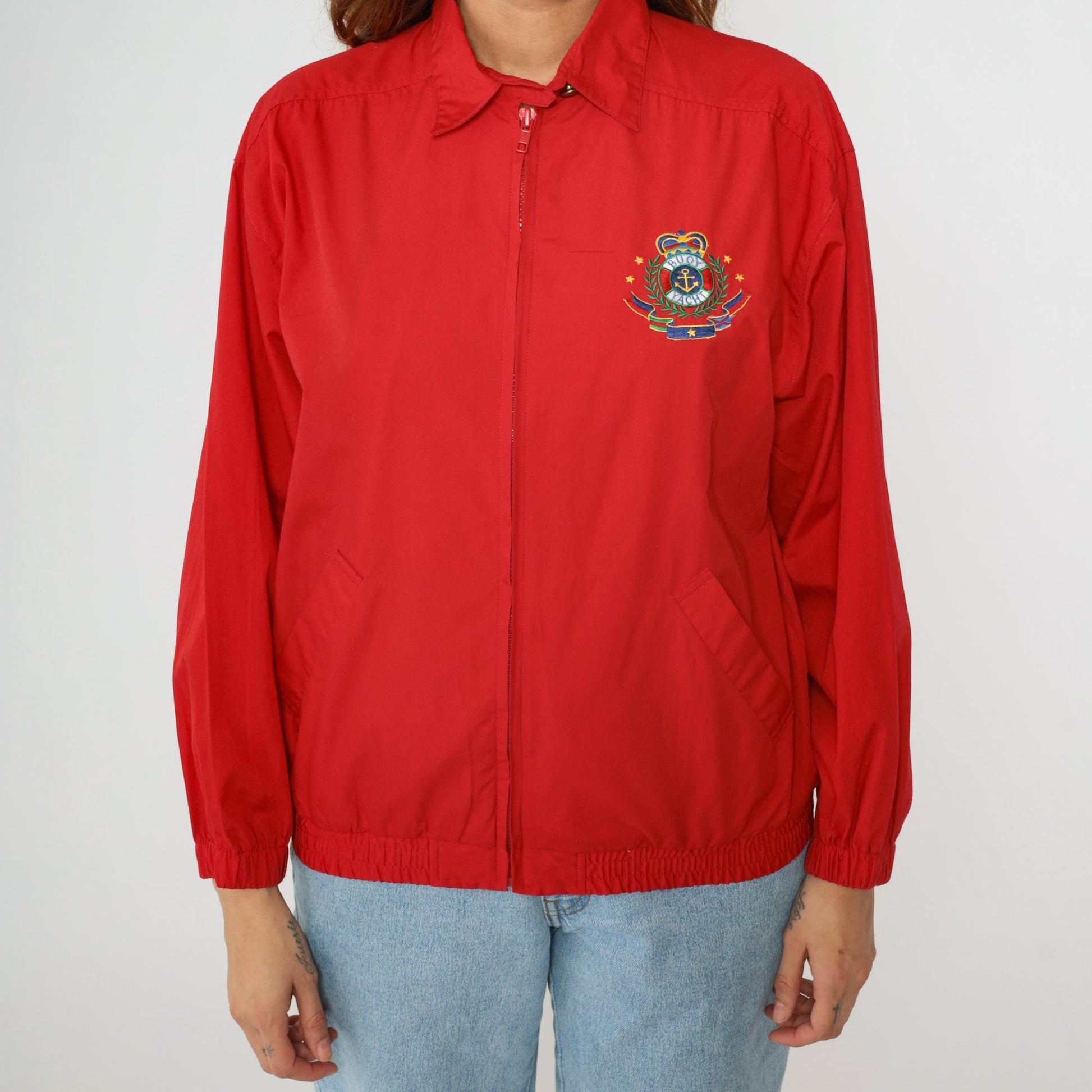 90s Jantzen Nautical Windbreaker Jacket Red Embroidered Crest Medium M