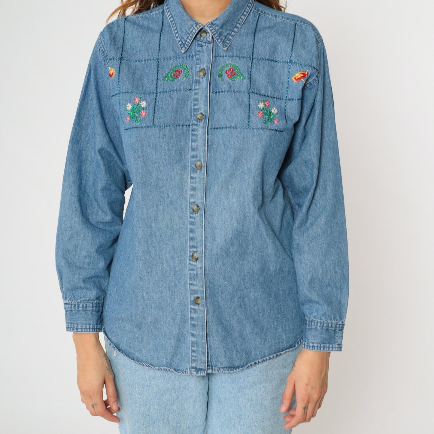 90s River Blues Floral Embroidered Denim Button-Up Shirt Blue Medium M
