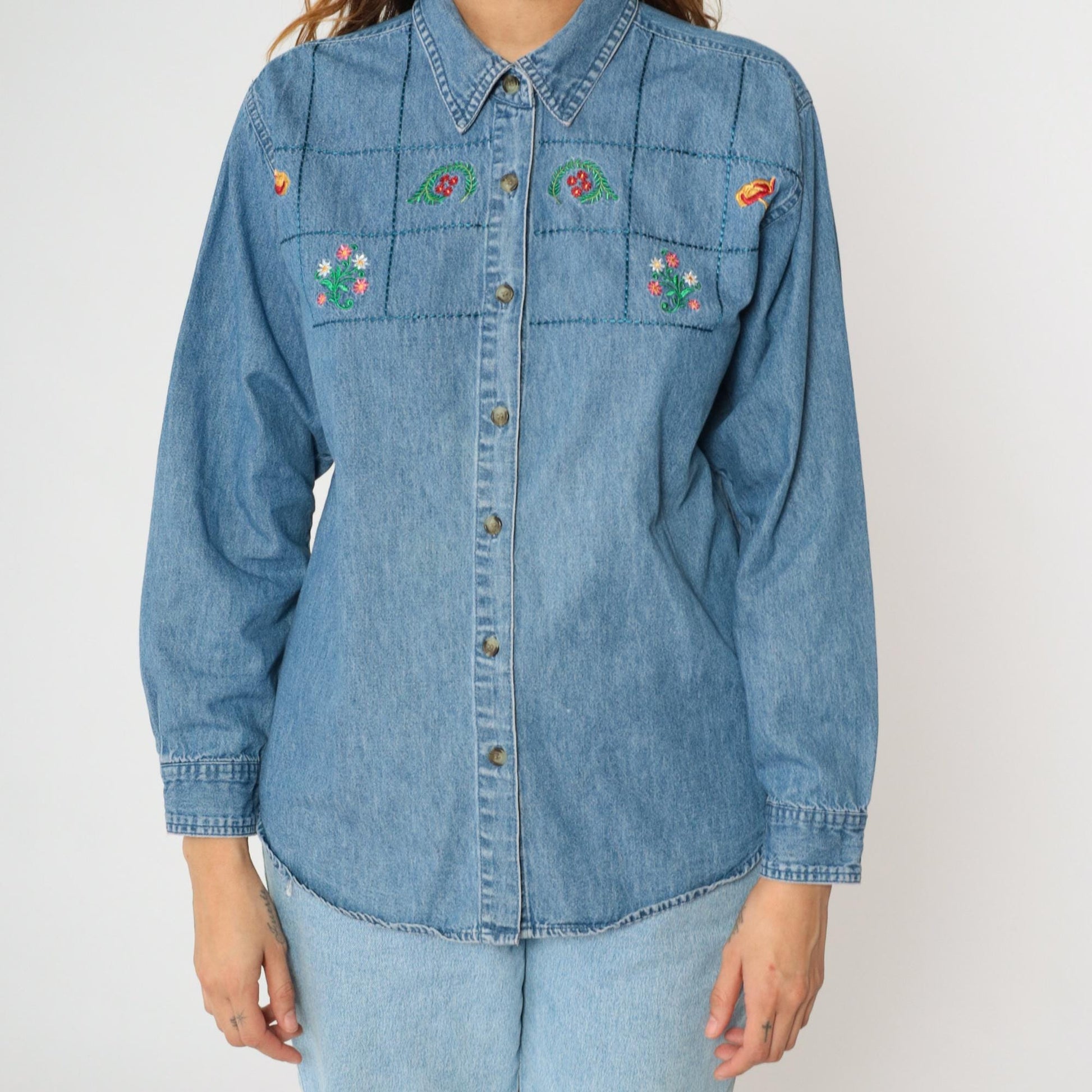 90s River Blues Floral Embroidered Denim Button-Up Shirt Blue Medium M