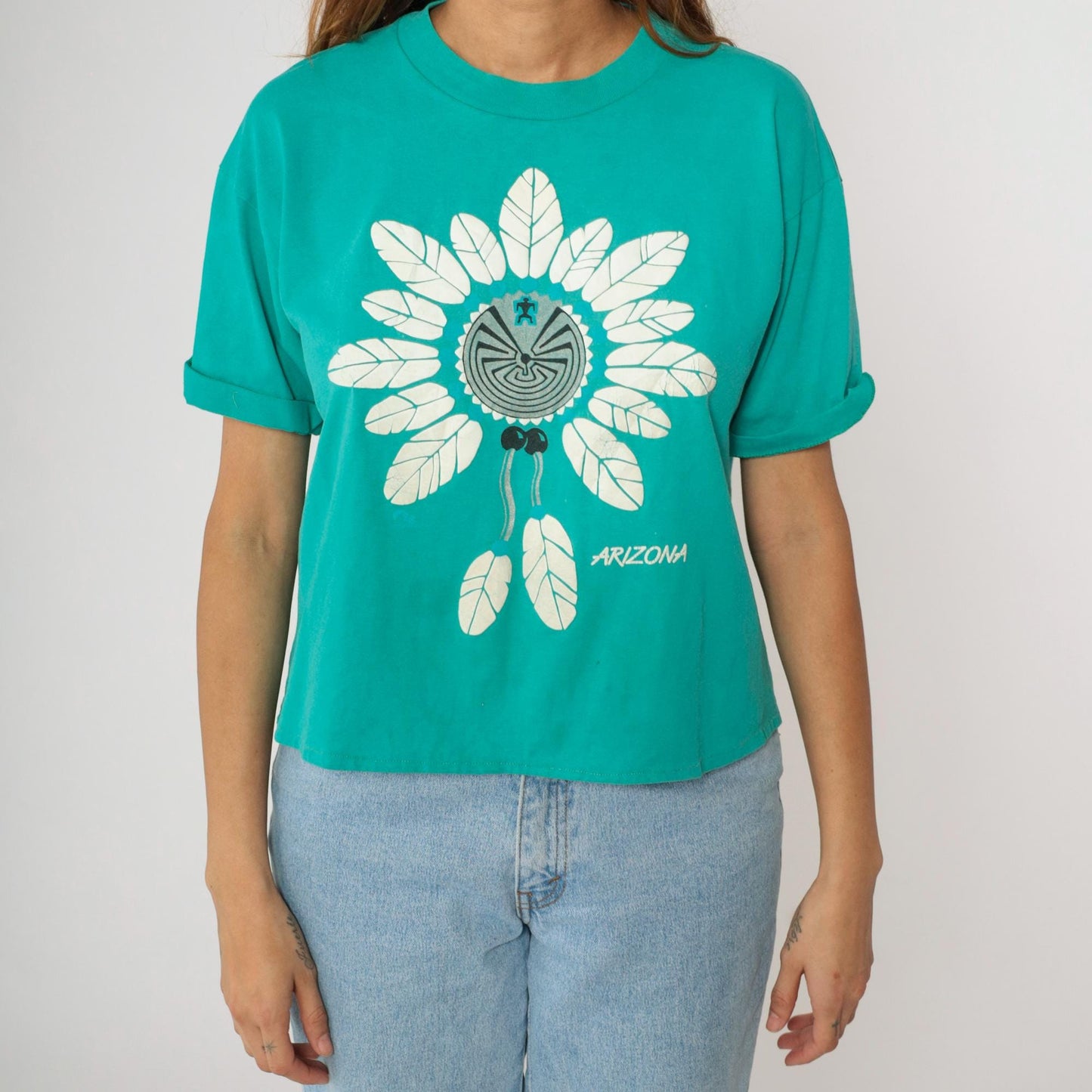 90s Arizona Turquoise Southwest Graphic Cropped T-Shirt Native American Maze Large