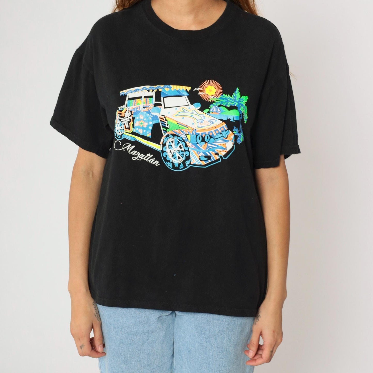 Y2K Mazatlán Mexico Graphic Tee Black Car Palm Tree Print Large L
