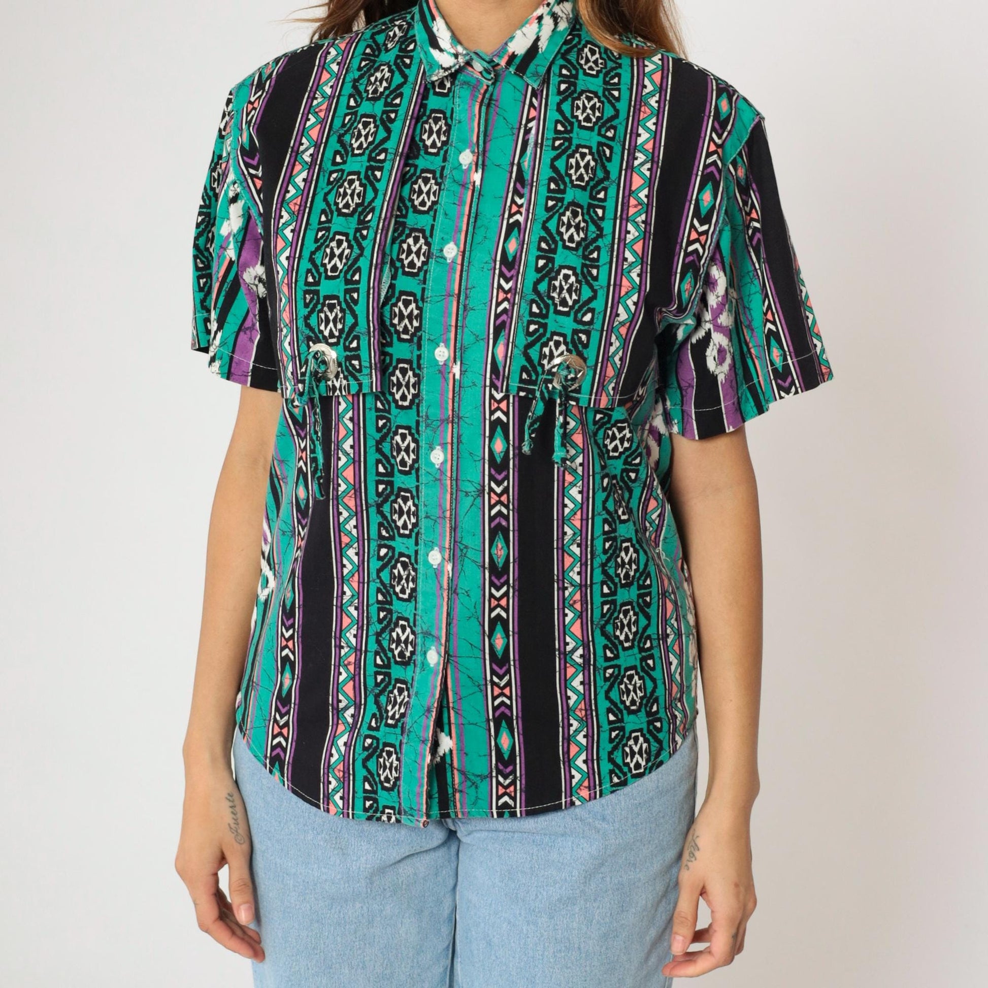 90s Frontier Series Western Shirt Green Purple Aztec Print Snap Button Small