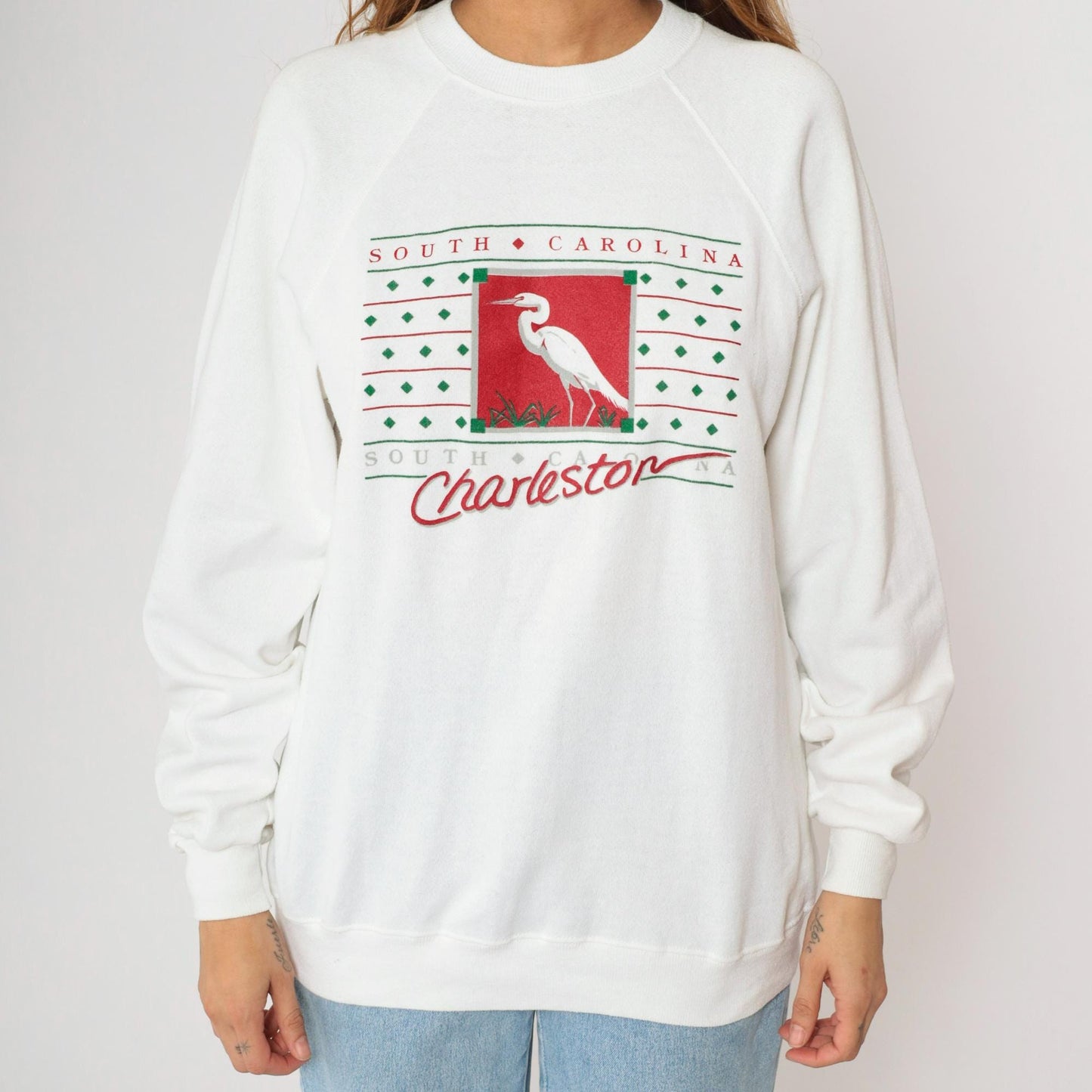 90s Charleston South Carolina Egret Graphic Sweatshirt White Raglan Medium