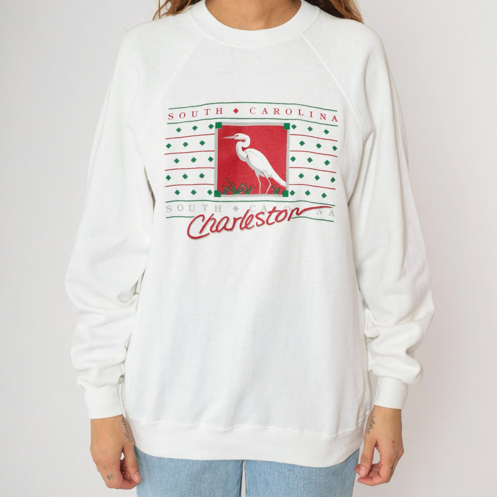 90s Charleston South Carolina Egret Graphic Sweatshirt White Raglan Medium