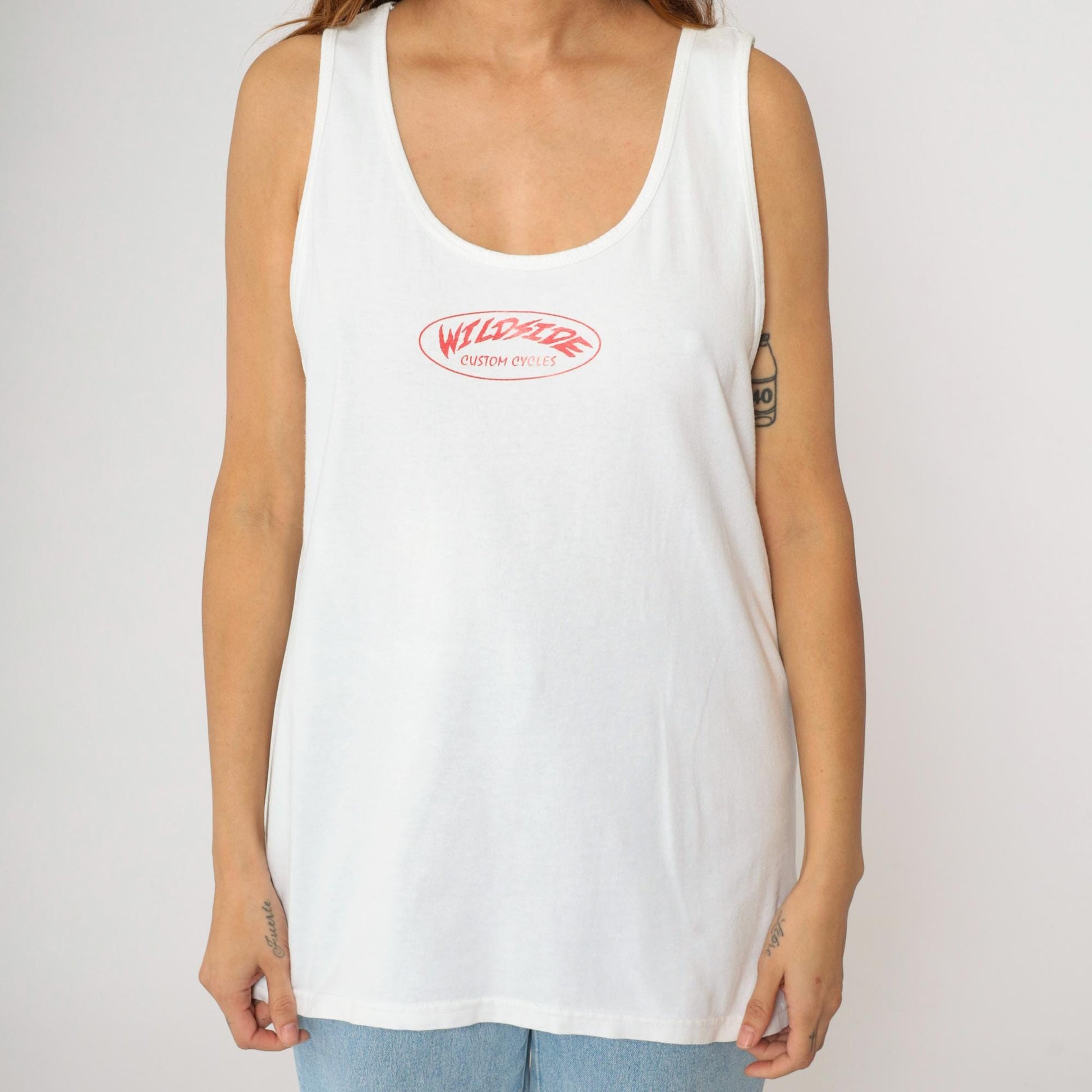 90s Wildside Custom Cycles Biker Tank Top White Flames Graphic Medium
