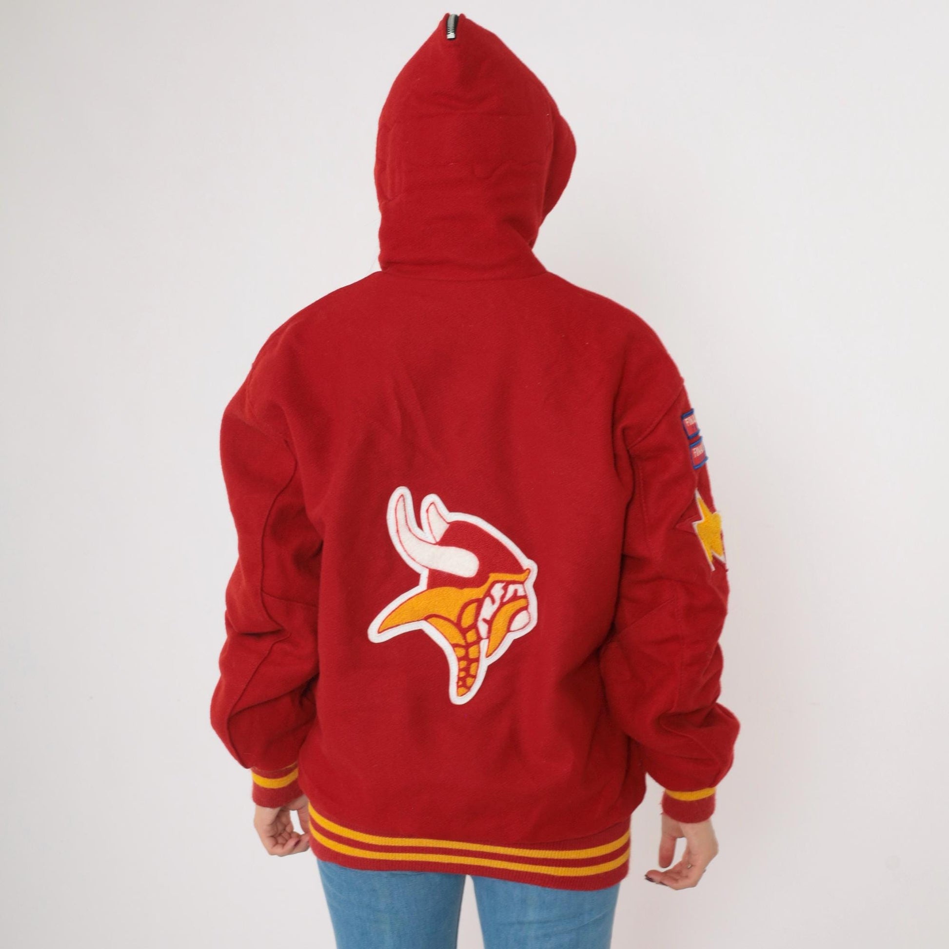 Y2K Letterman Jacket Red Gold Wool Blend Hooded Varsity Coat Large L