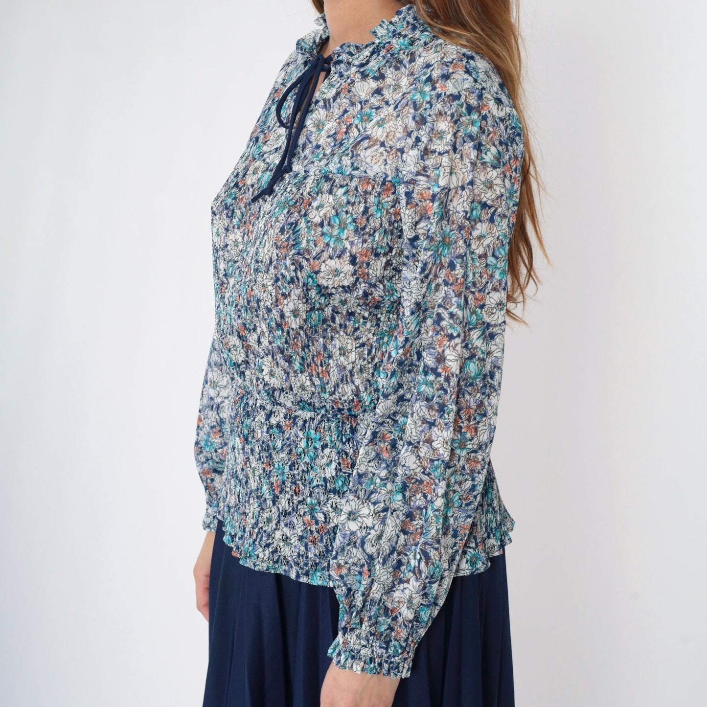 70s Blue Floral Lace Midi Dress Long Sleeve Ruffle Collar Smocked Waist Medium Large