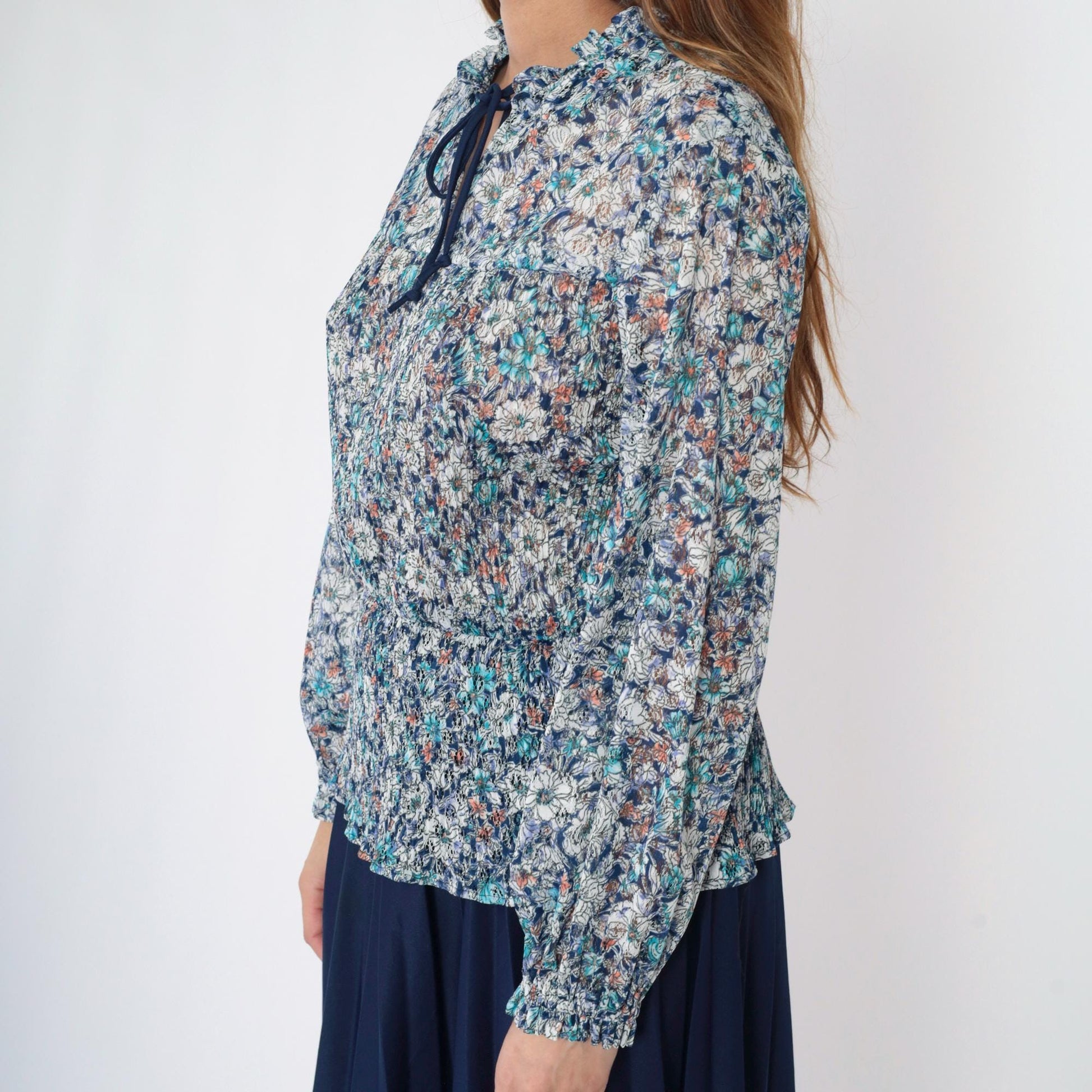 70s Blue Floral Lace Midi Dress Long Sleeve Ruffle Collar Smocked Waist Medium Large