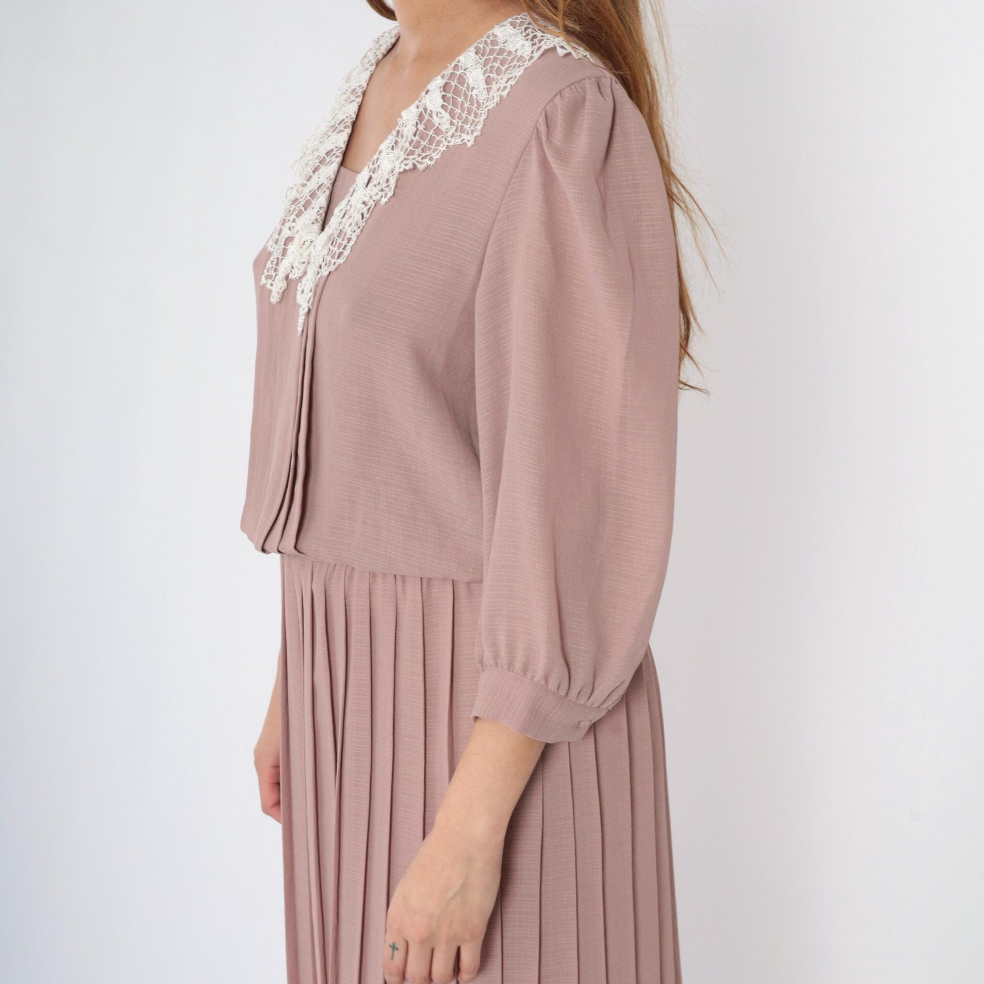 80s Mauve Pleated Midi Dress Lace Collar Long Sleeve Medium M