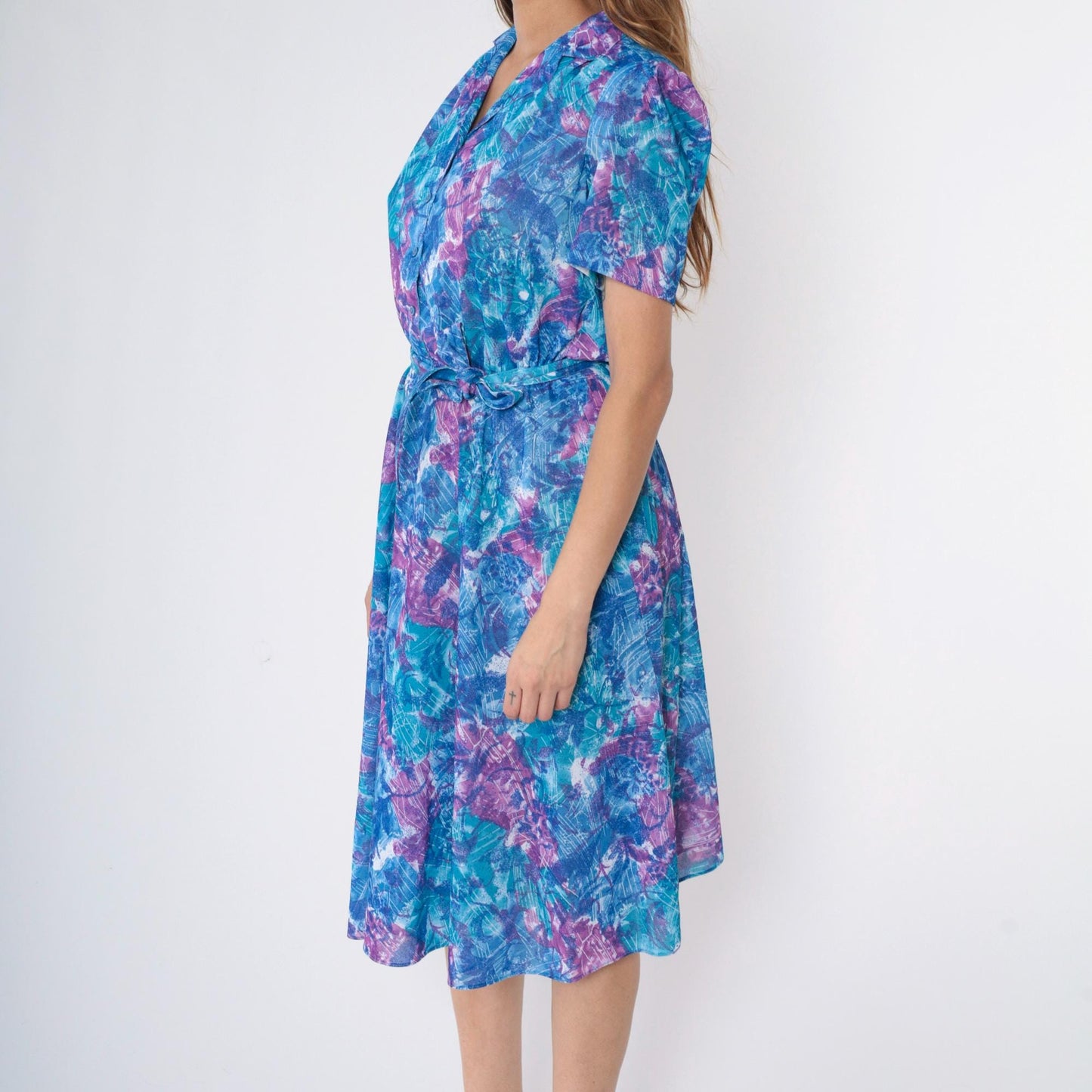 80s Abstract Floral Midi Dress Blue Purple Puff Sleeve Button Up High Waisted Small Medium