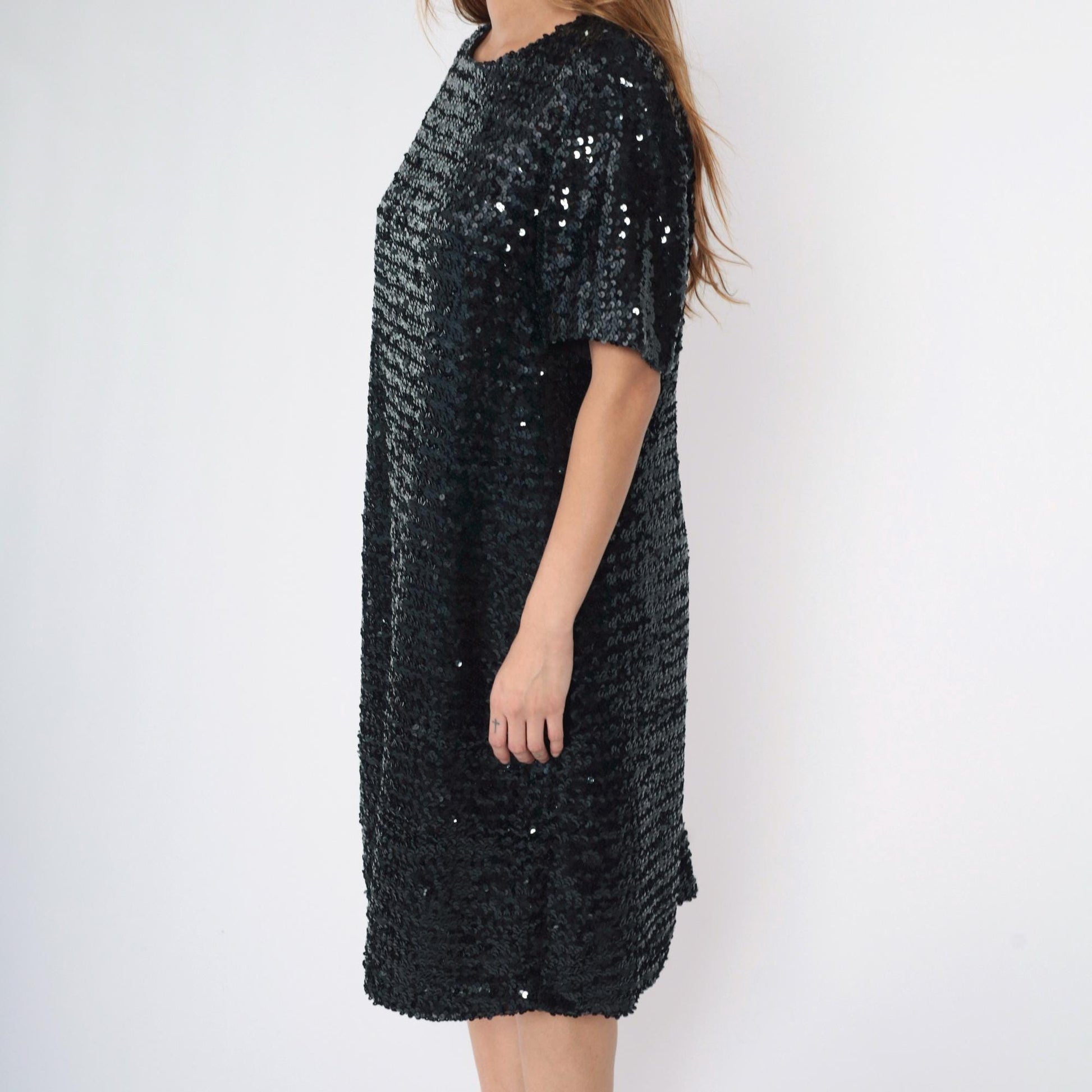 80s Black Sequin Midi Dress Short Sleeve Round Neck Shift Large L