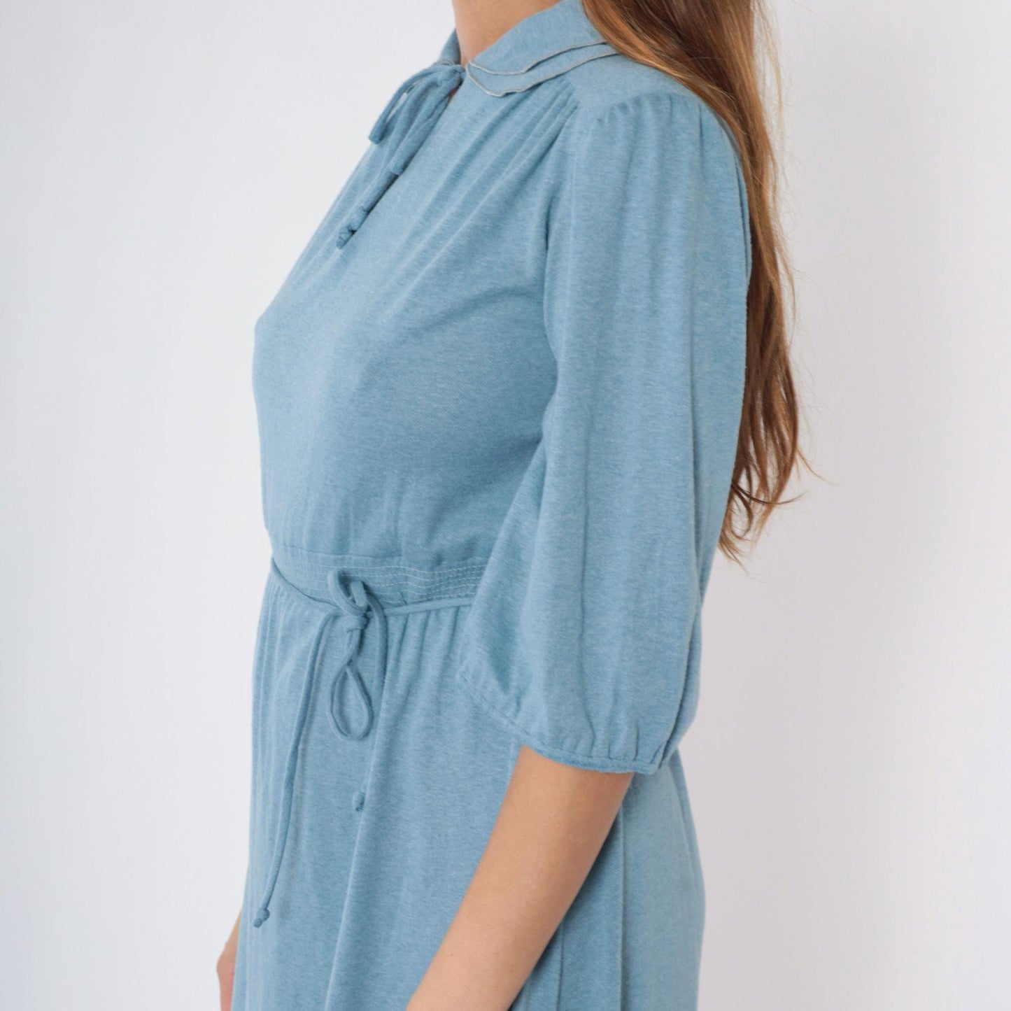 70s Monique Blue Midi Dress Peter Pan Collar Puff Sleeve Smocked Waist Small