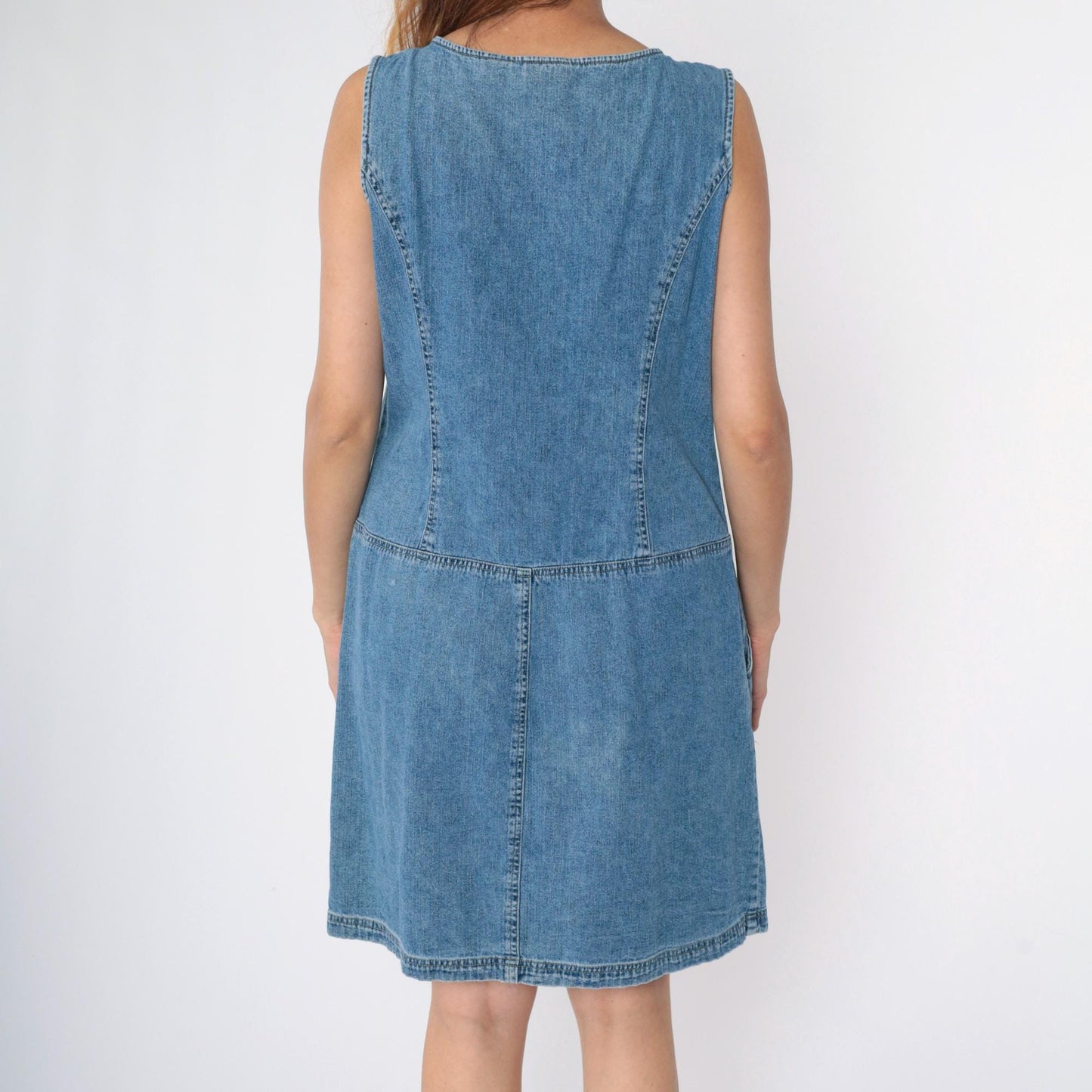 Y2K Blue Denim Jumper Dress Button-Up Sleeveless Knee-Length Large 12