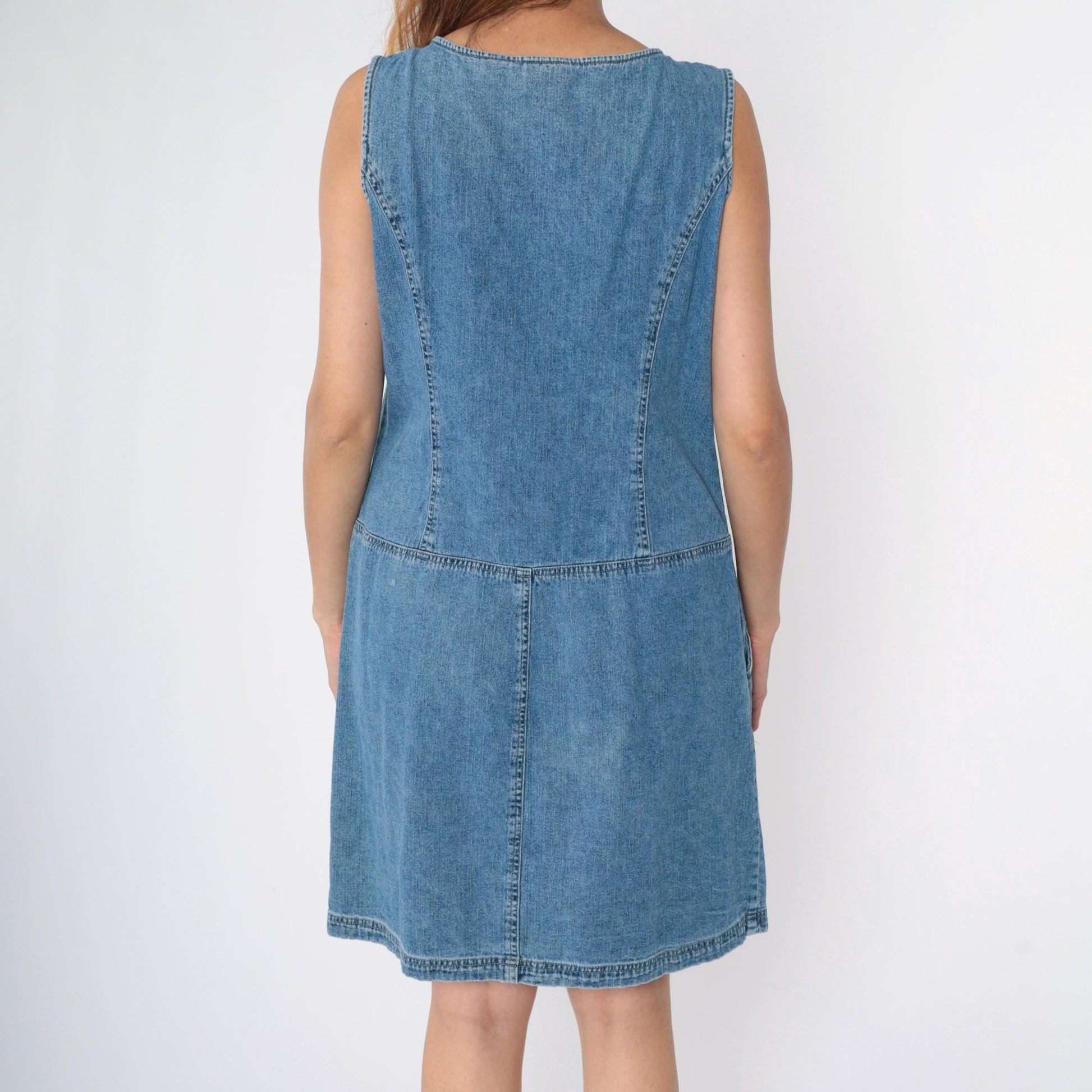 Y2K Blue Denim Jumper Dress Button-Up Sleeveless Knee-Length Large 12