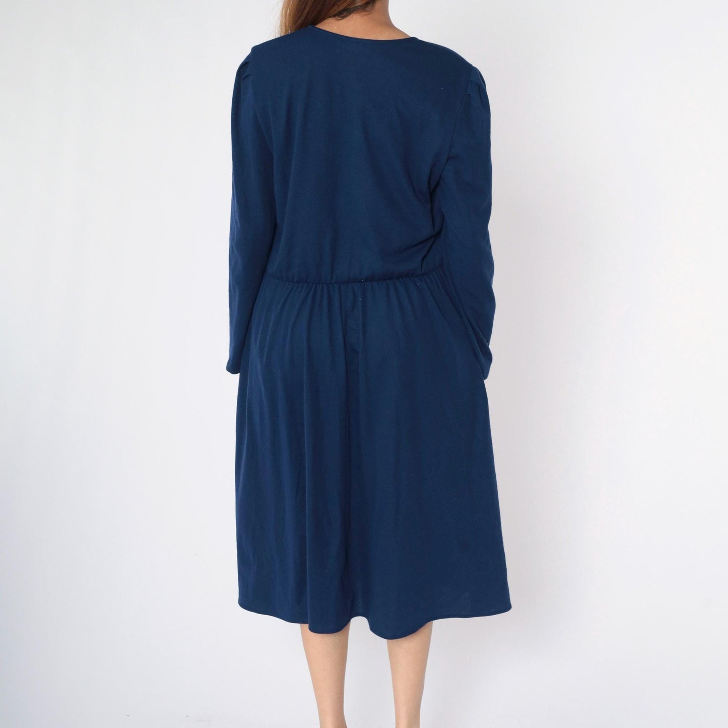 80s Tabby of California Navy Double Breasted Midi Shirtdress Puff Sleeve Medium Large