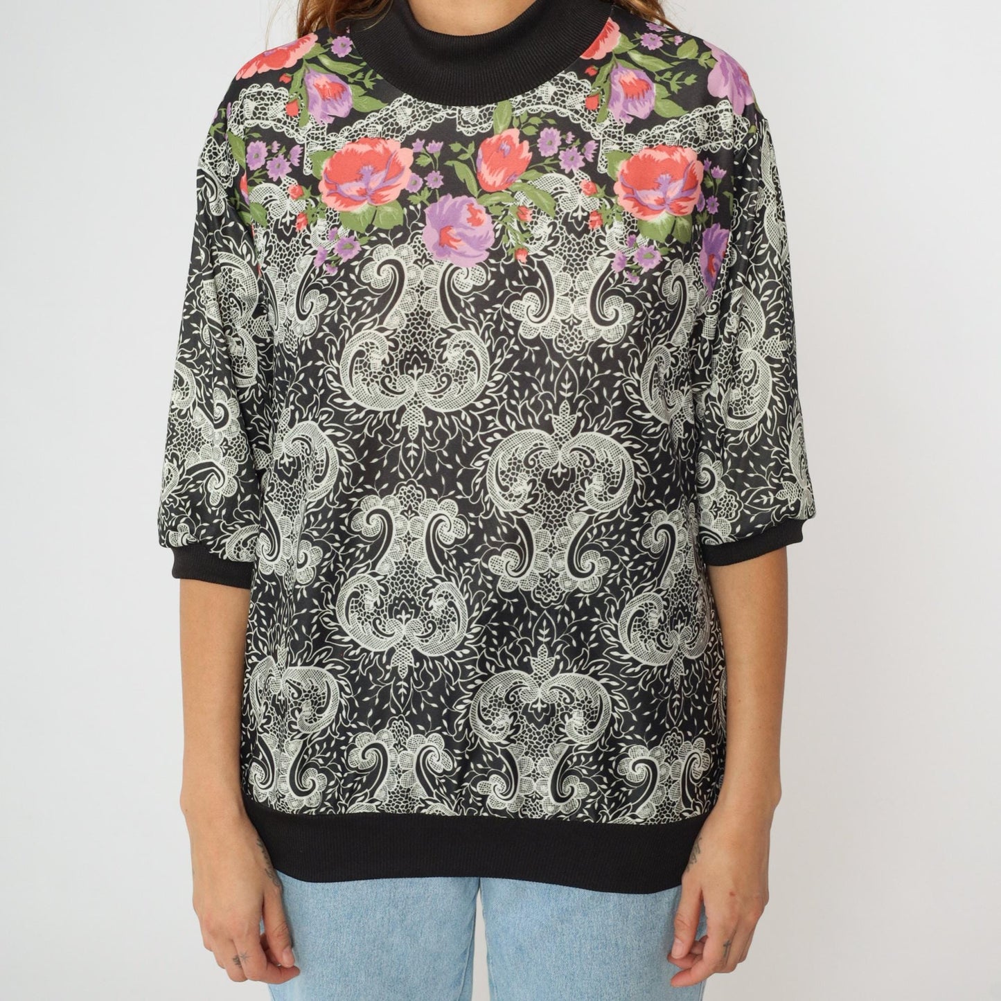 80s Black Floral Paisley Blouse Mock Neck 3/4 Sleeve Large L