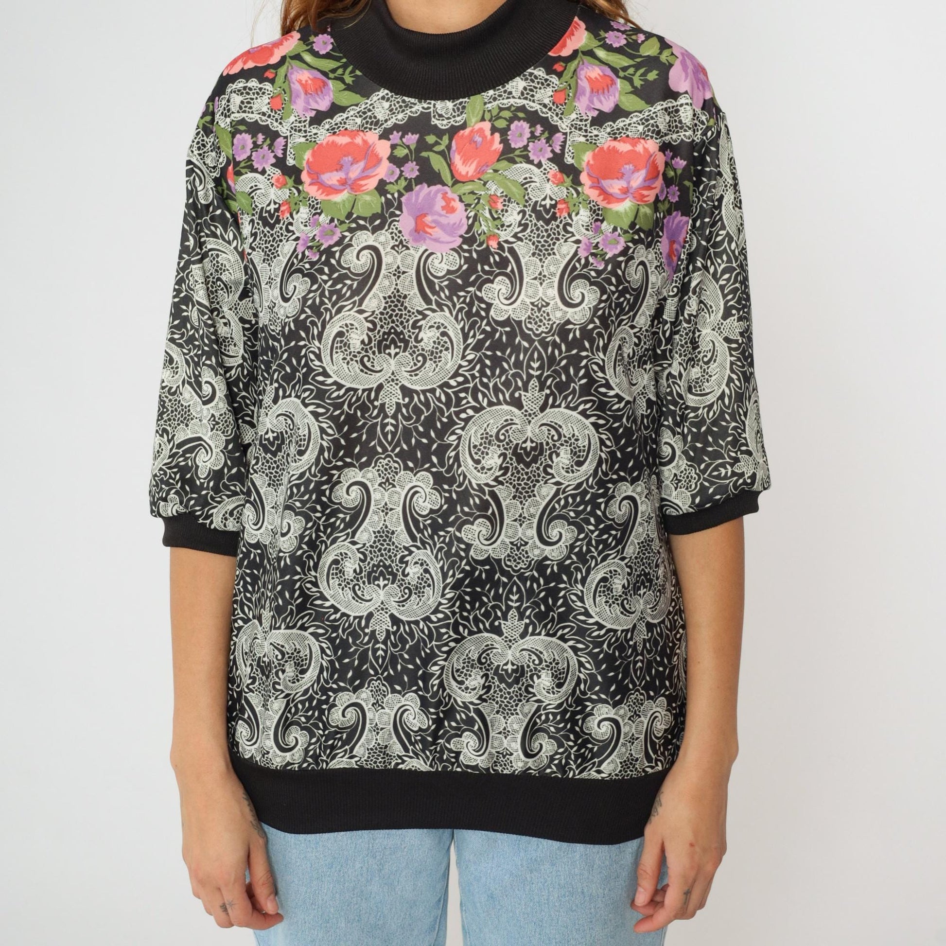80s Black Floral Paisley Blouse Mock Neck 3/4 Sleeve Large L