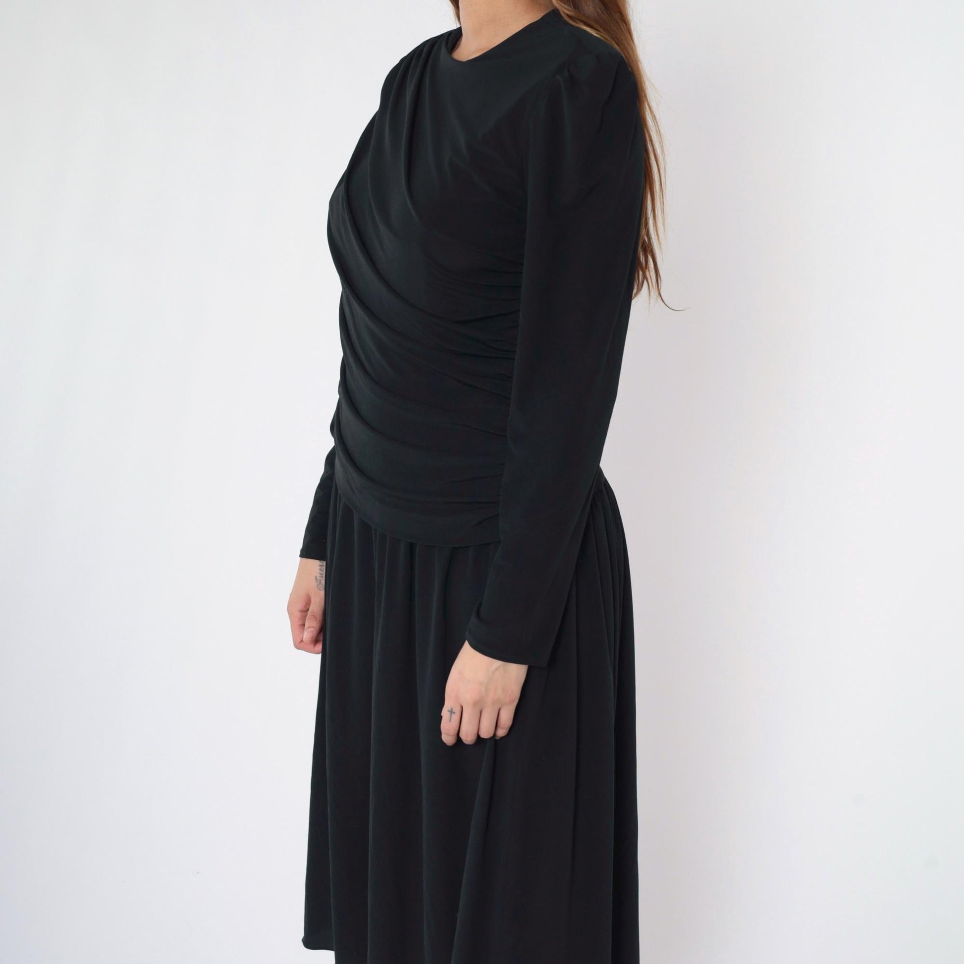 80s Saks Fifth Avenue Black Midi Dress Puff Sleeve Draped Ruched Medium