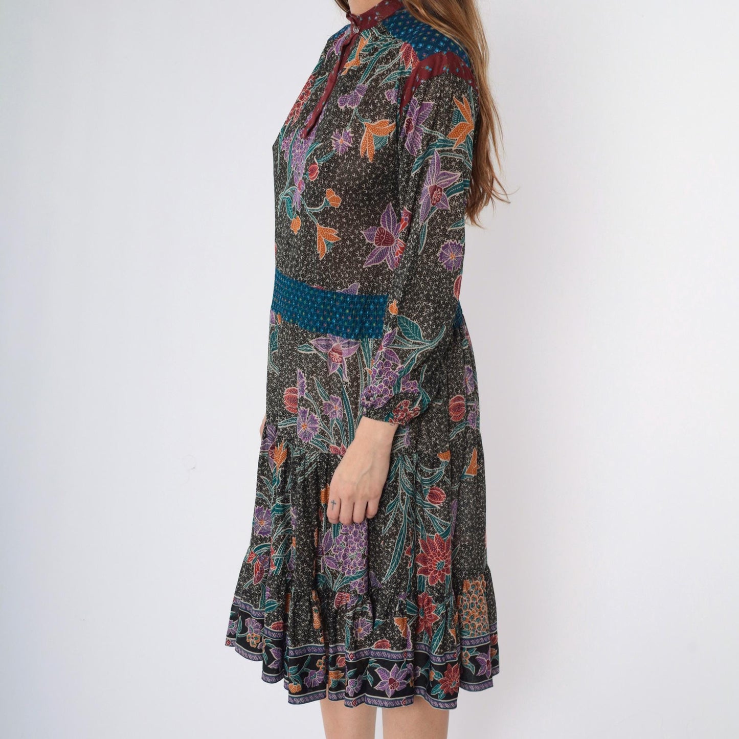 70s Black Floral Midi Dress High Neck Smocked Waist Long Sleeve Medium M